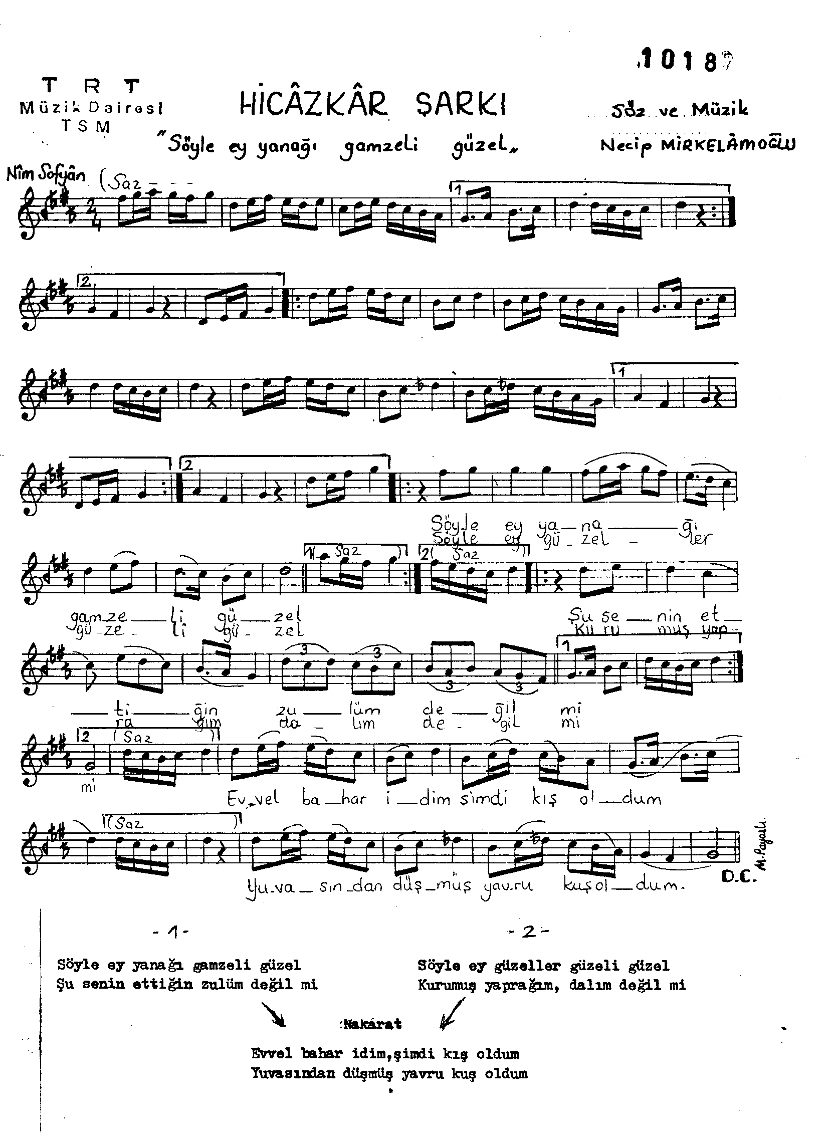Hicâzkâr - Şarkı - Necip Mirkelâmoğlu - Sayfa 1