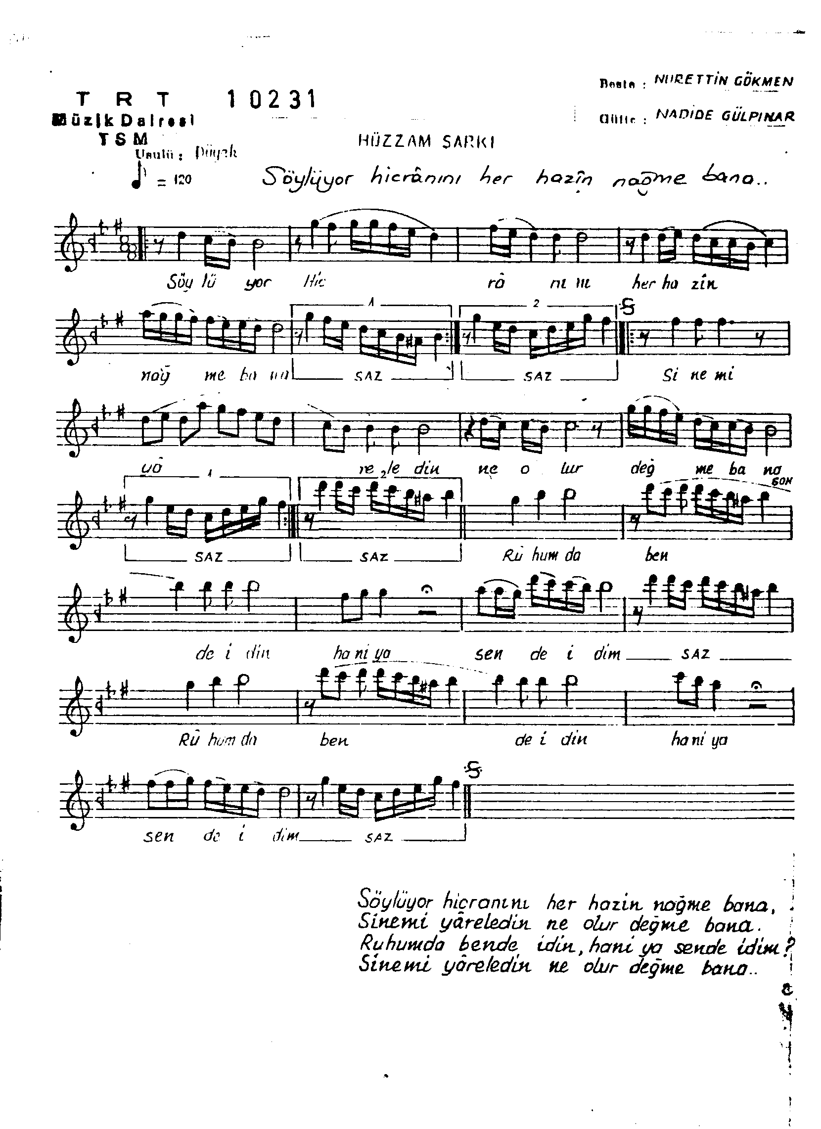 Hüzzâm - Şarkı - Nûrettin Gökmen - Sayfa 1