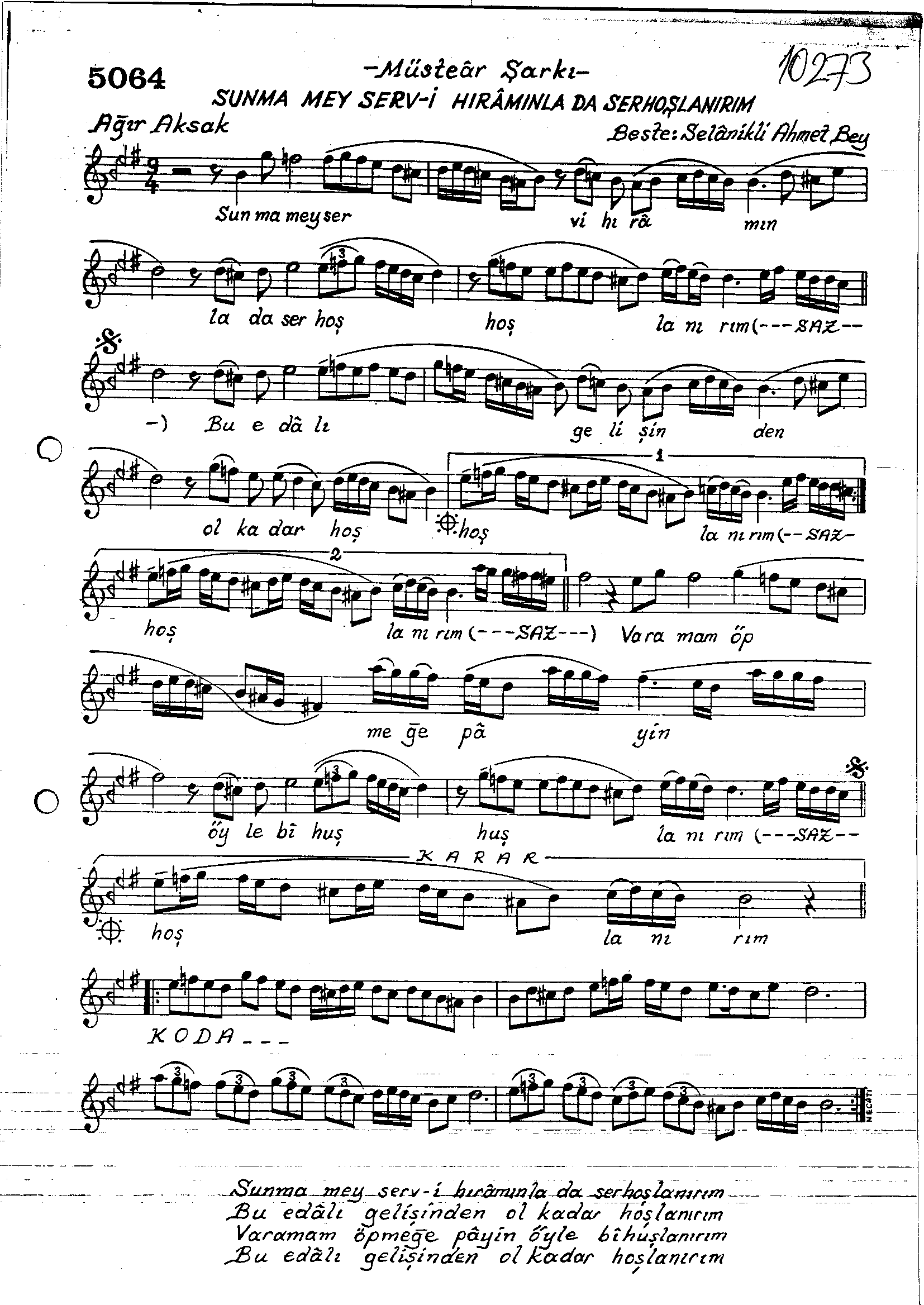 Müsteâr - Şarkı - Selânik'li Ahmet Efendi - Sayfa 1