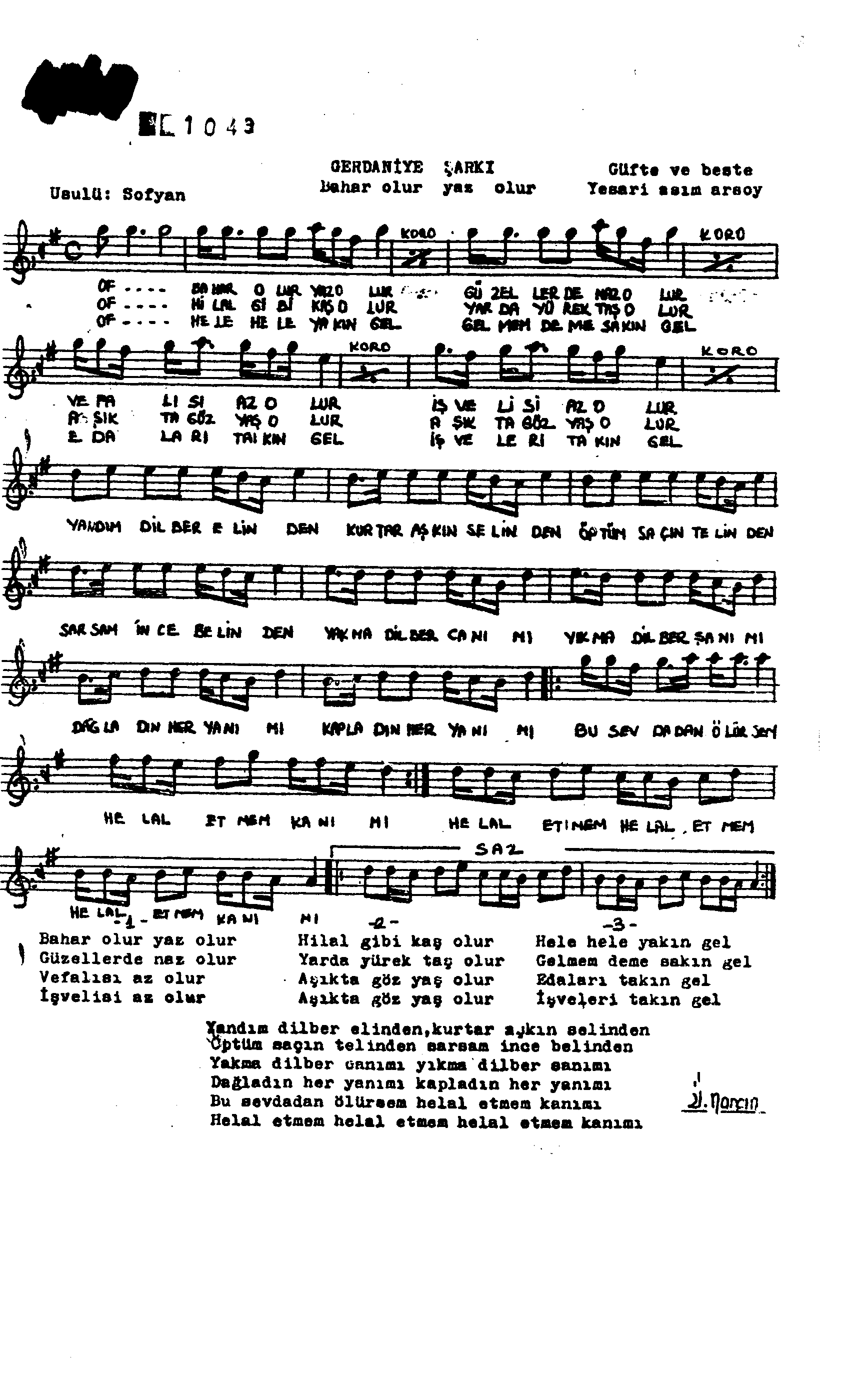 Gerdâniye - Şarkı - Yesârî Asım Arsoy - Sayfa 1