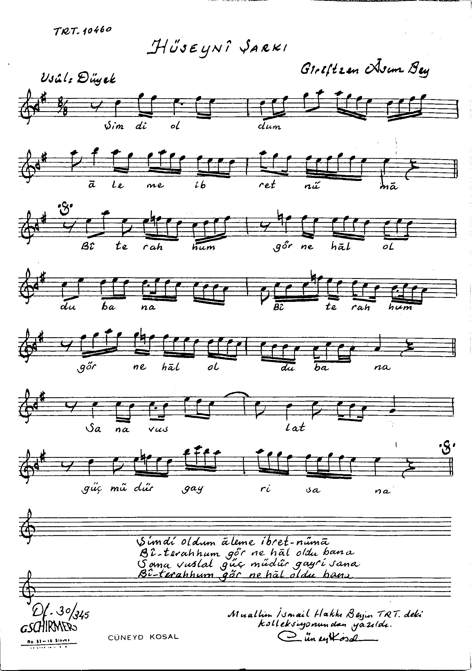 Hüseynî - Şarkı - Giriftzen Asım Bey - Sayfa 1