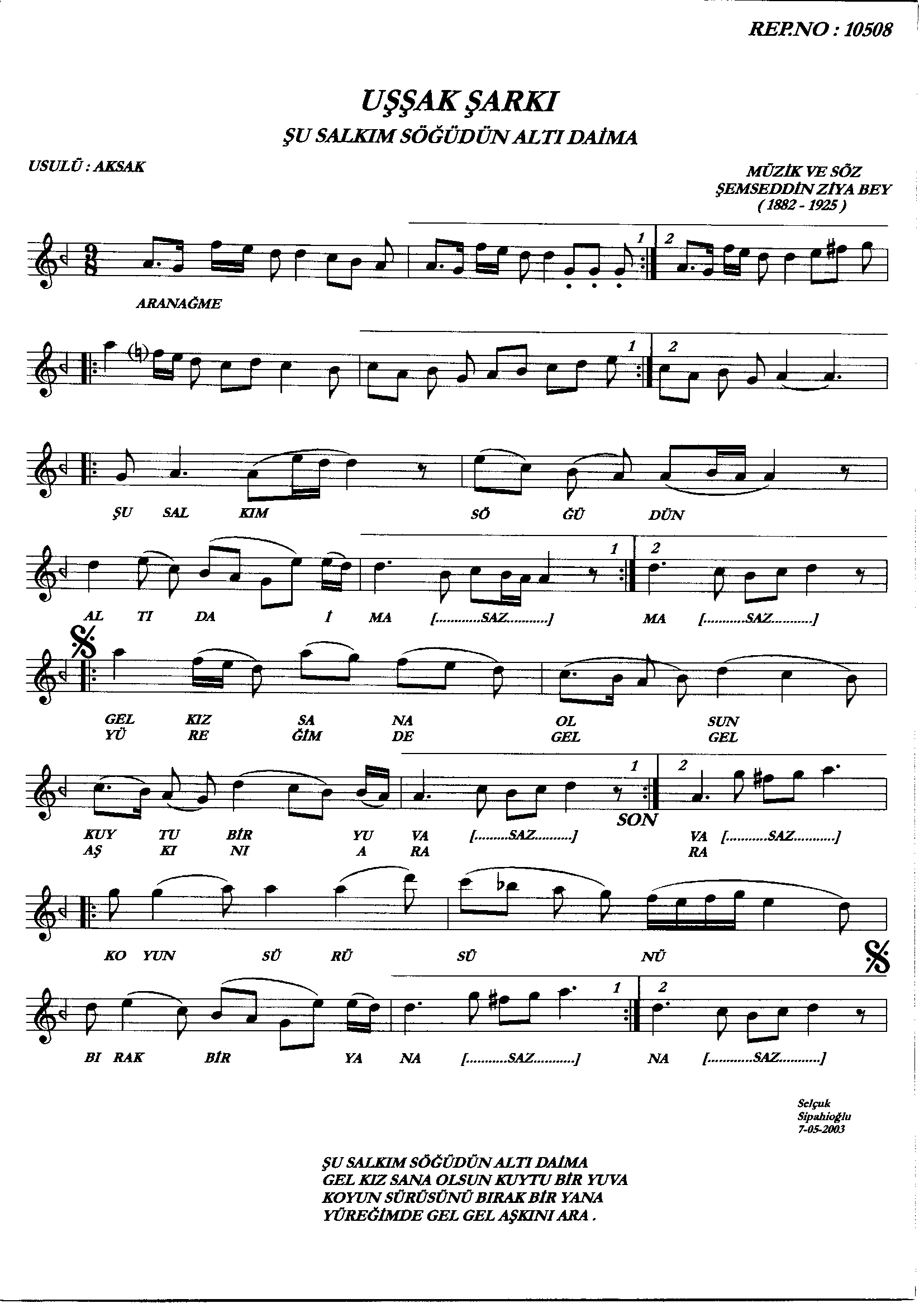 Uşşak - Şarkı - Şemsettin Ziyâ Bey - Sayfa 1