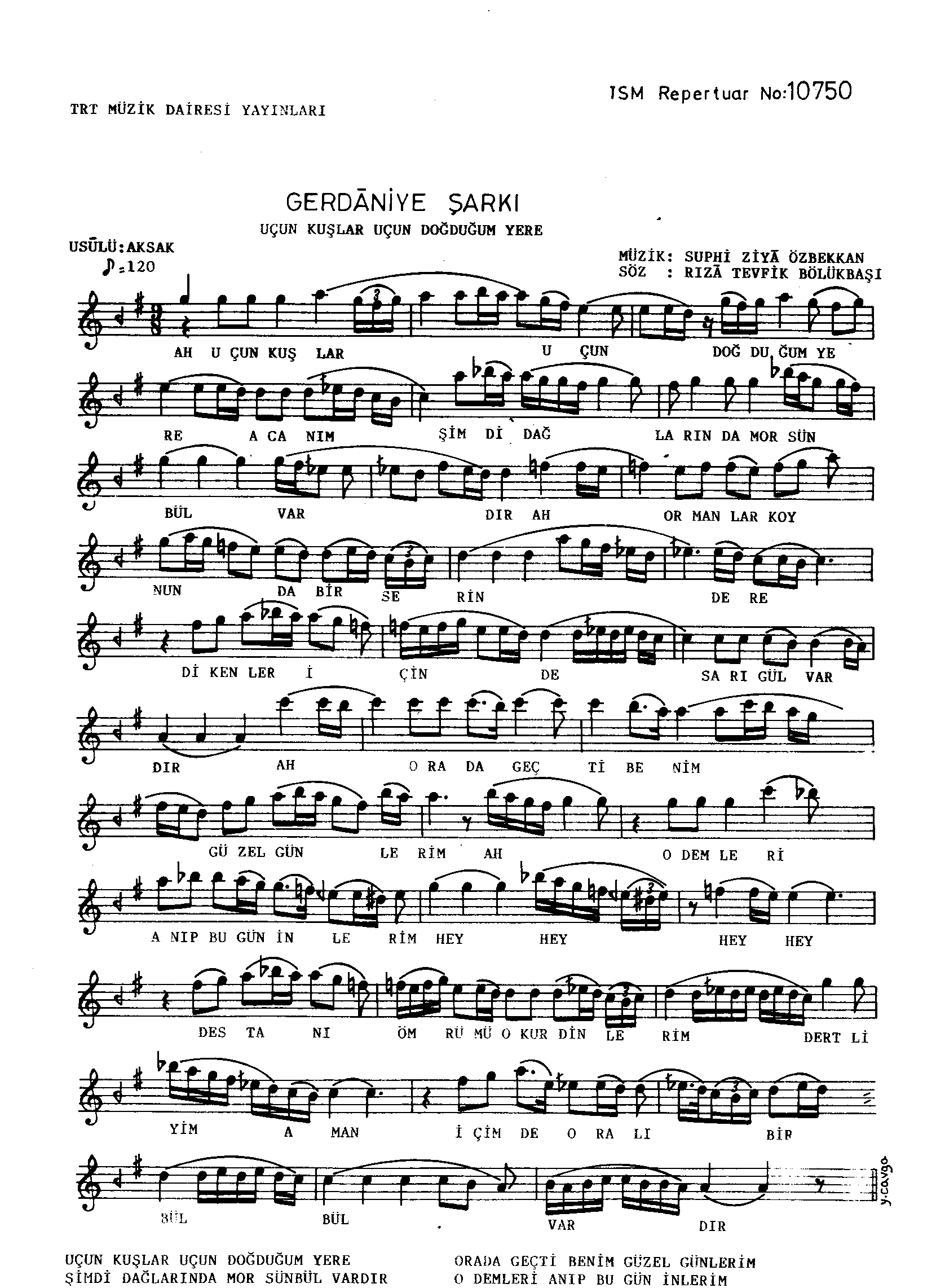Gerdâniye - Şarkı - Suphi Ziyâ Özbekkan - Sayfa 1