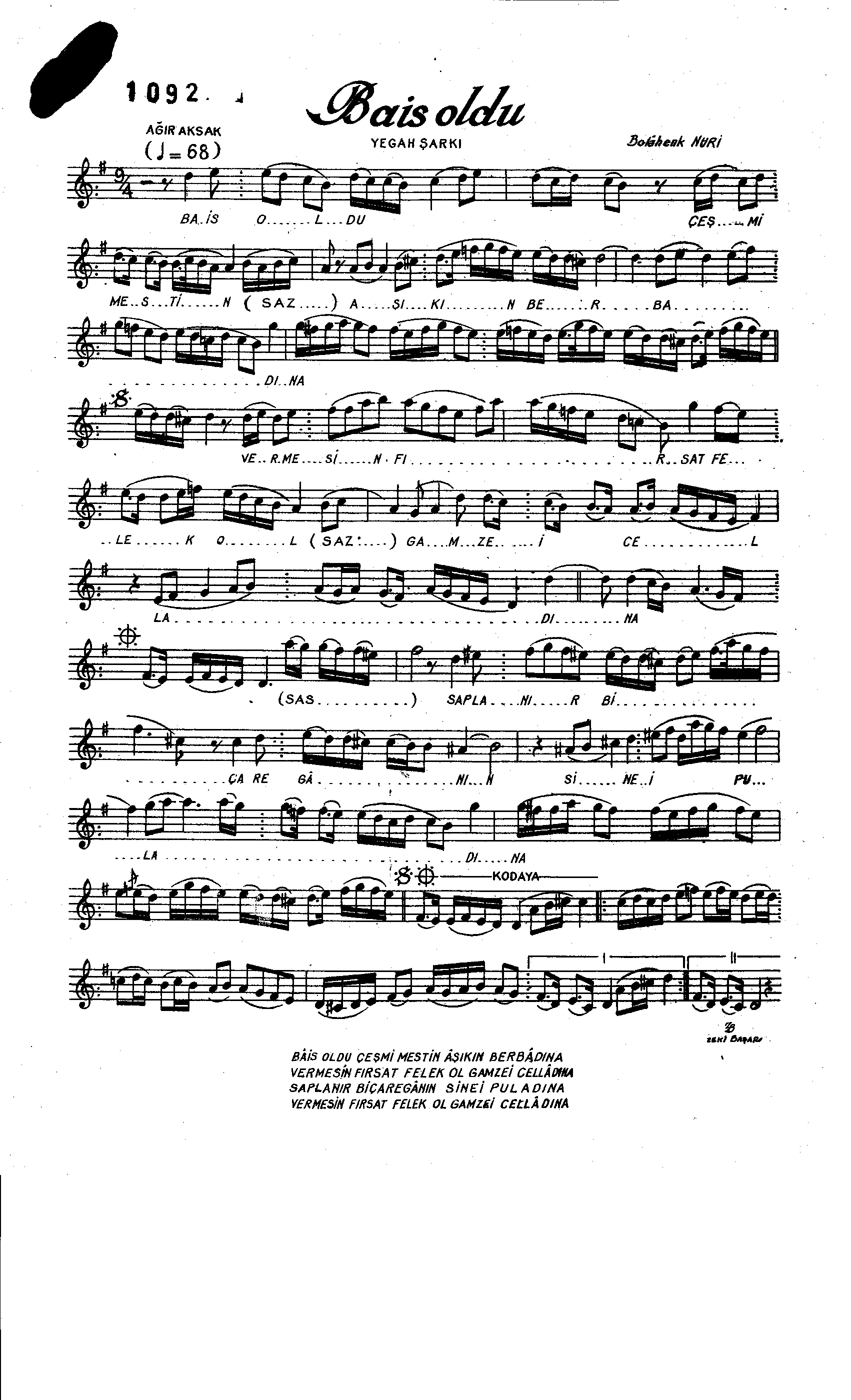Yegah - Şarkı - Bolahenk Nuri Bey - Sayfa 1
