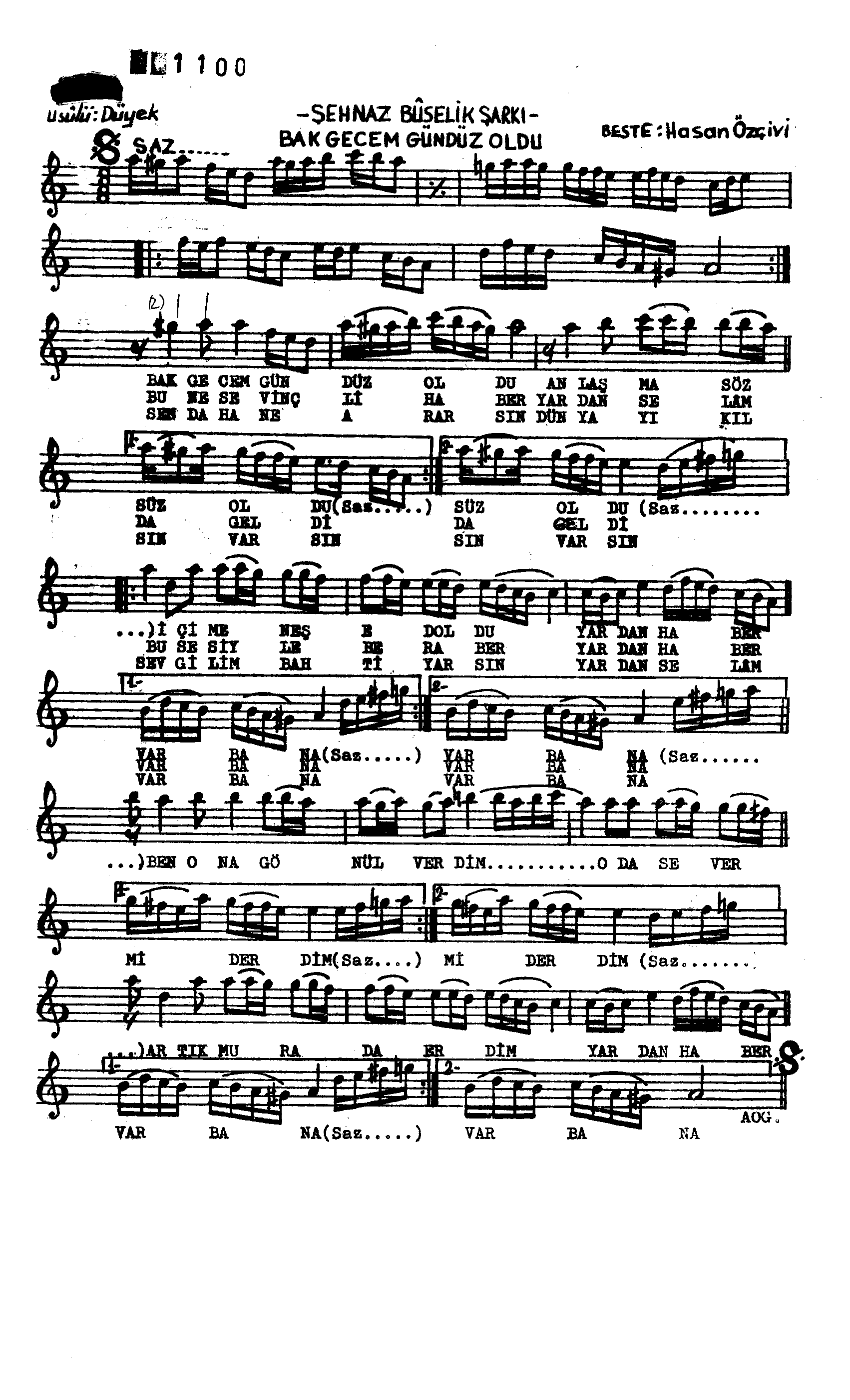 Şehnâz Bûselik - Şarkı - Hasan Özçivi - Sayfa 1