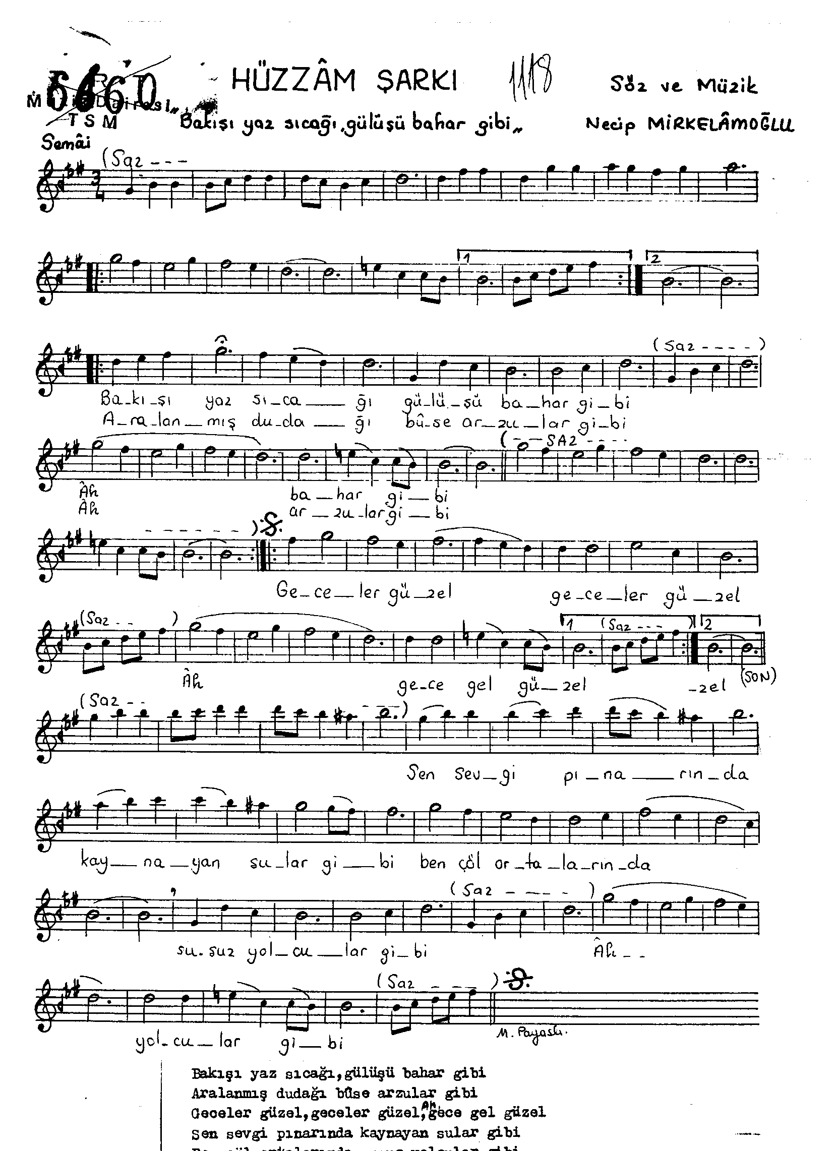 Hüzzâm - Şarkı - Necip Mirkelâmoğlu - Sayfa 1