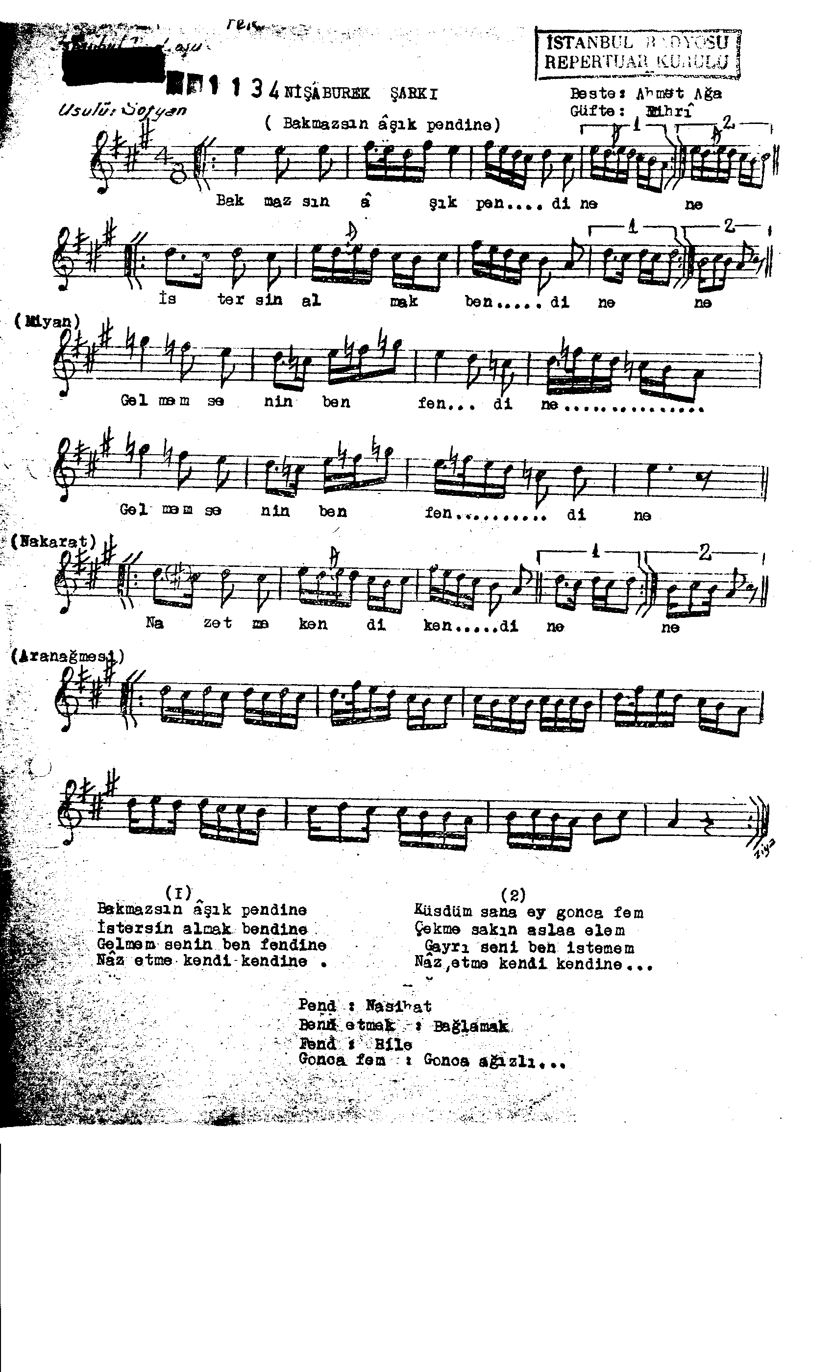 Nişâbûrek - Şarkı - Ahmet Ağa(Çilingirzâde) - Sayfa 1