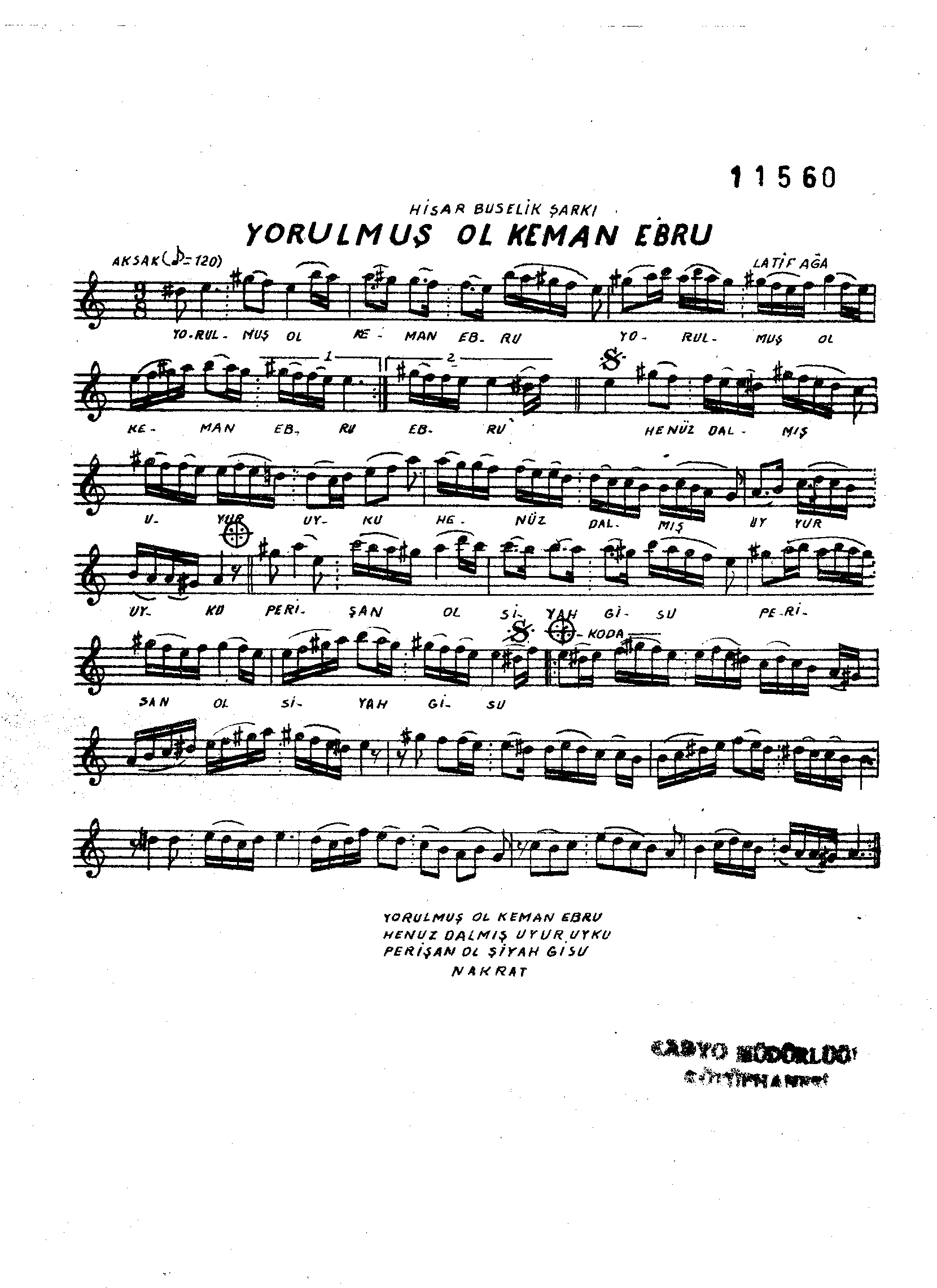 Hisâr-Bûselik - Şarkı - Lâtif Ağa - Sayfa 1