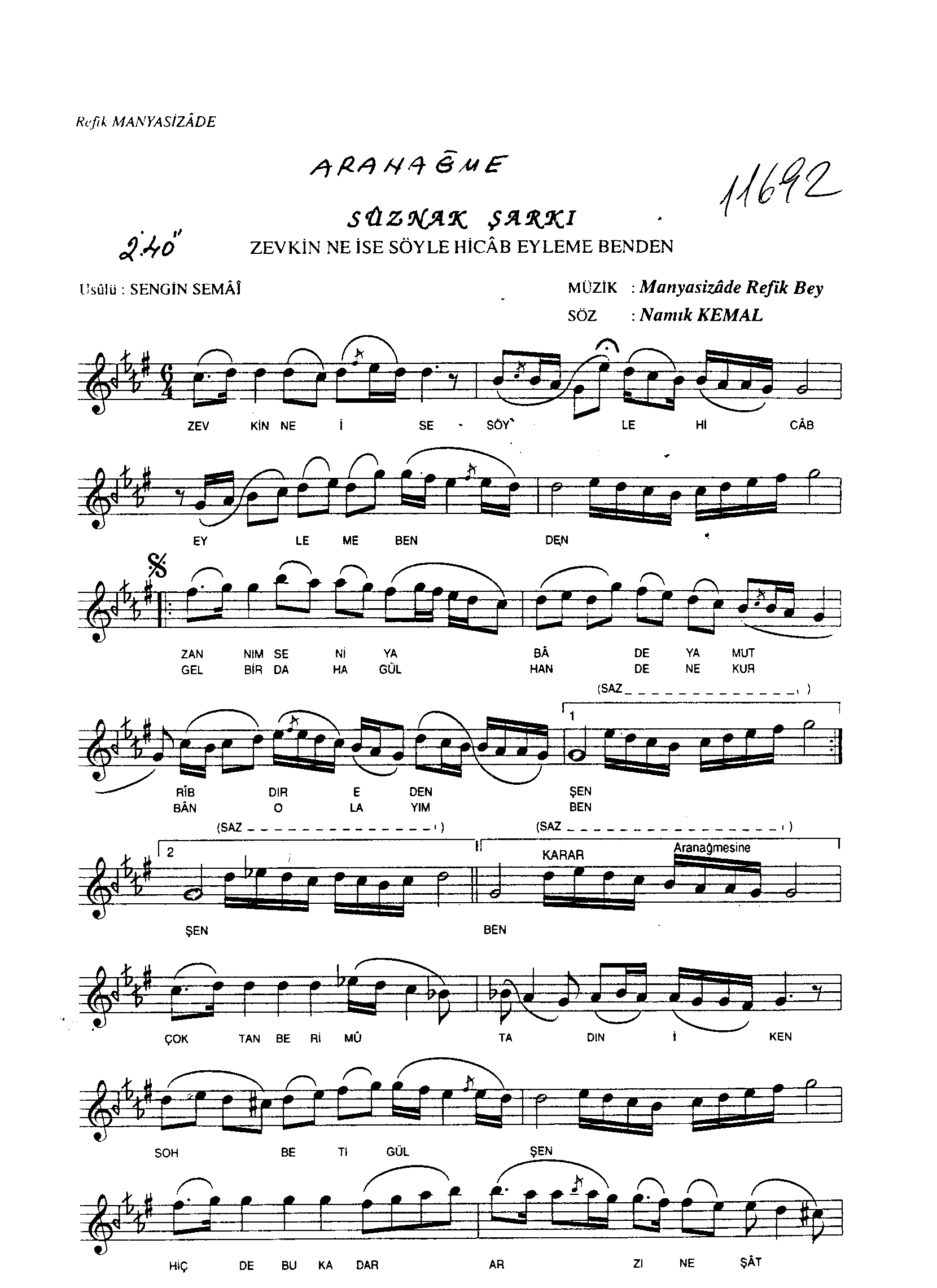 Sûz-Nâk - Şarkı - Manyasîzâde Refik Bey - Sayfa 1