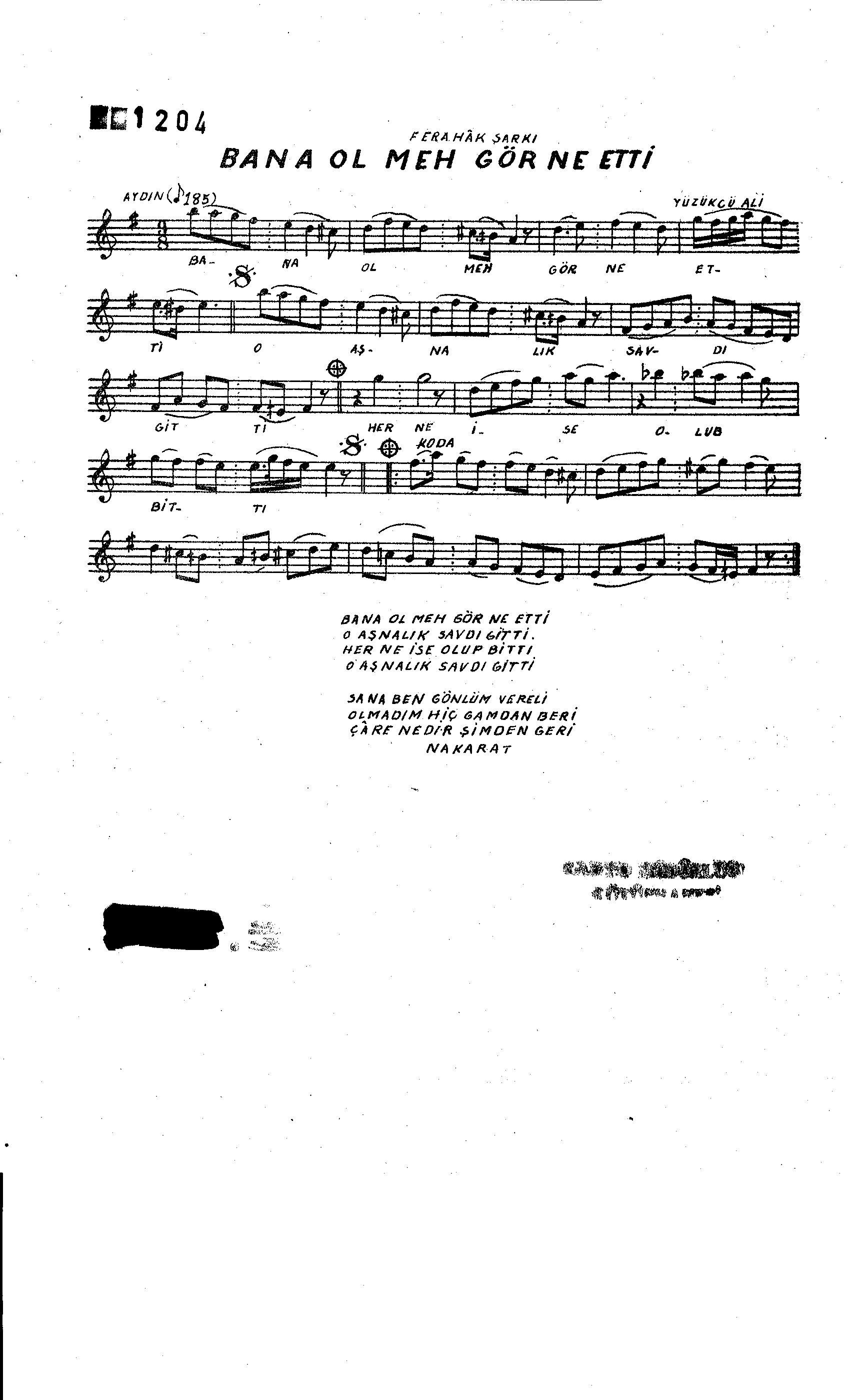 Ferahnâk - Şarkı - Ali Efendi(Yüzükcü) - Sayfa 1