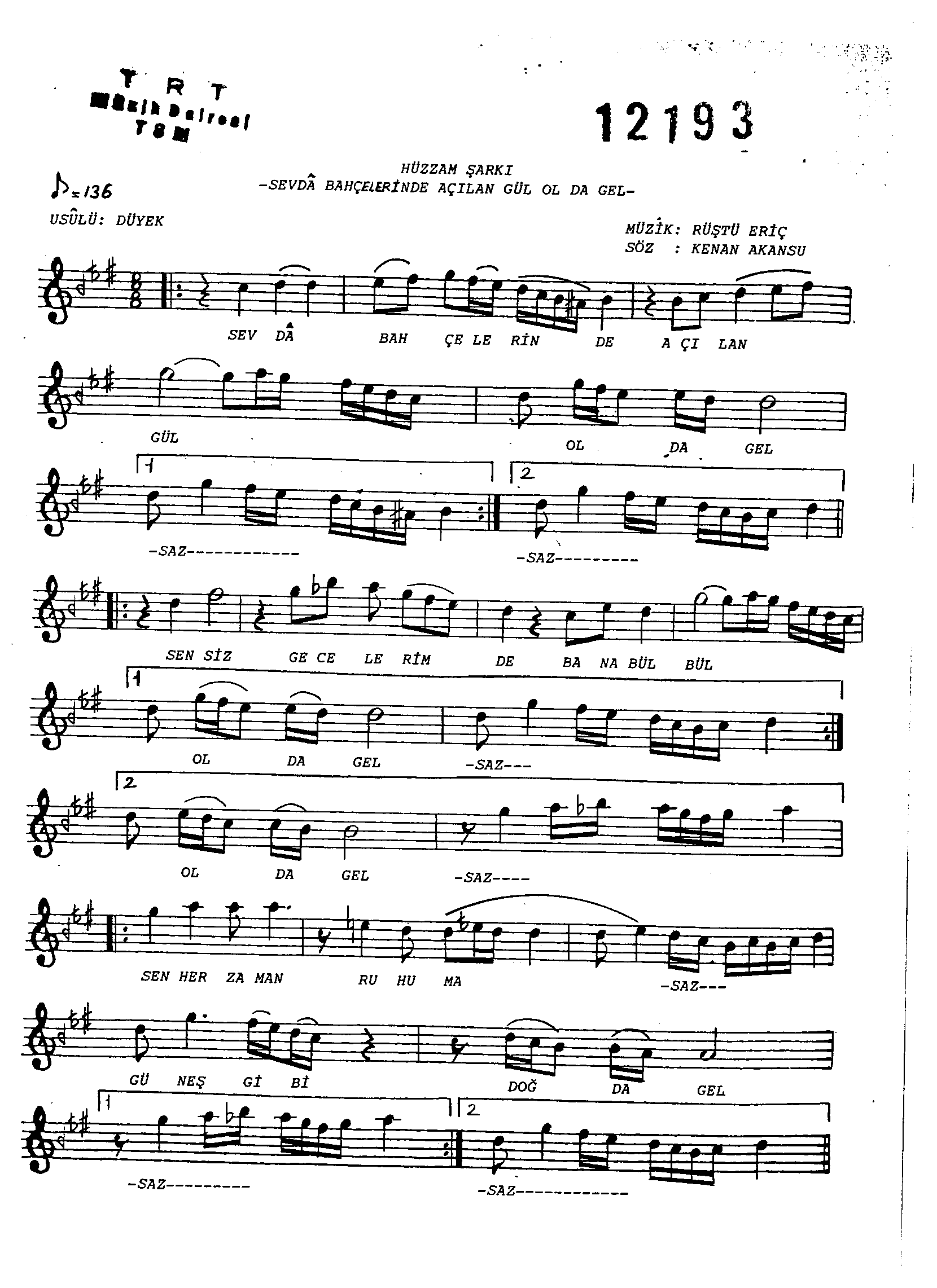 Hüzzâm - Şarkı - Rüştü Eriç - Sayfa 1