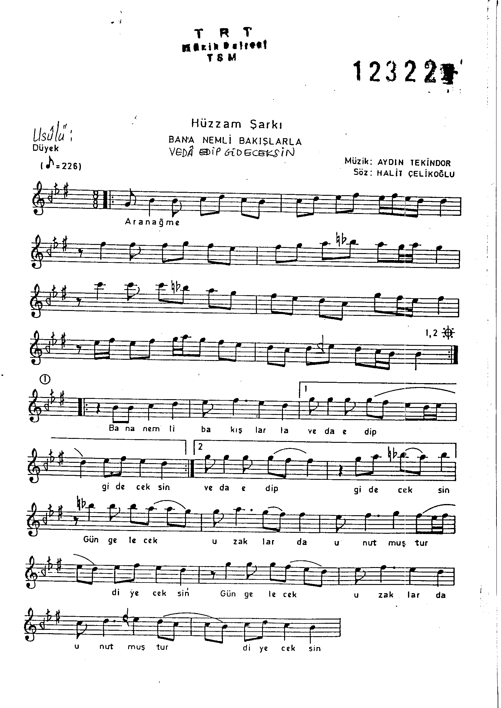 Hüzzâm - Şarkı - Aydın Tekindor - Sayfa 1