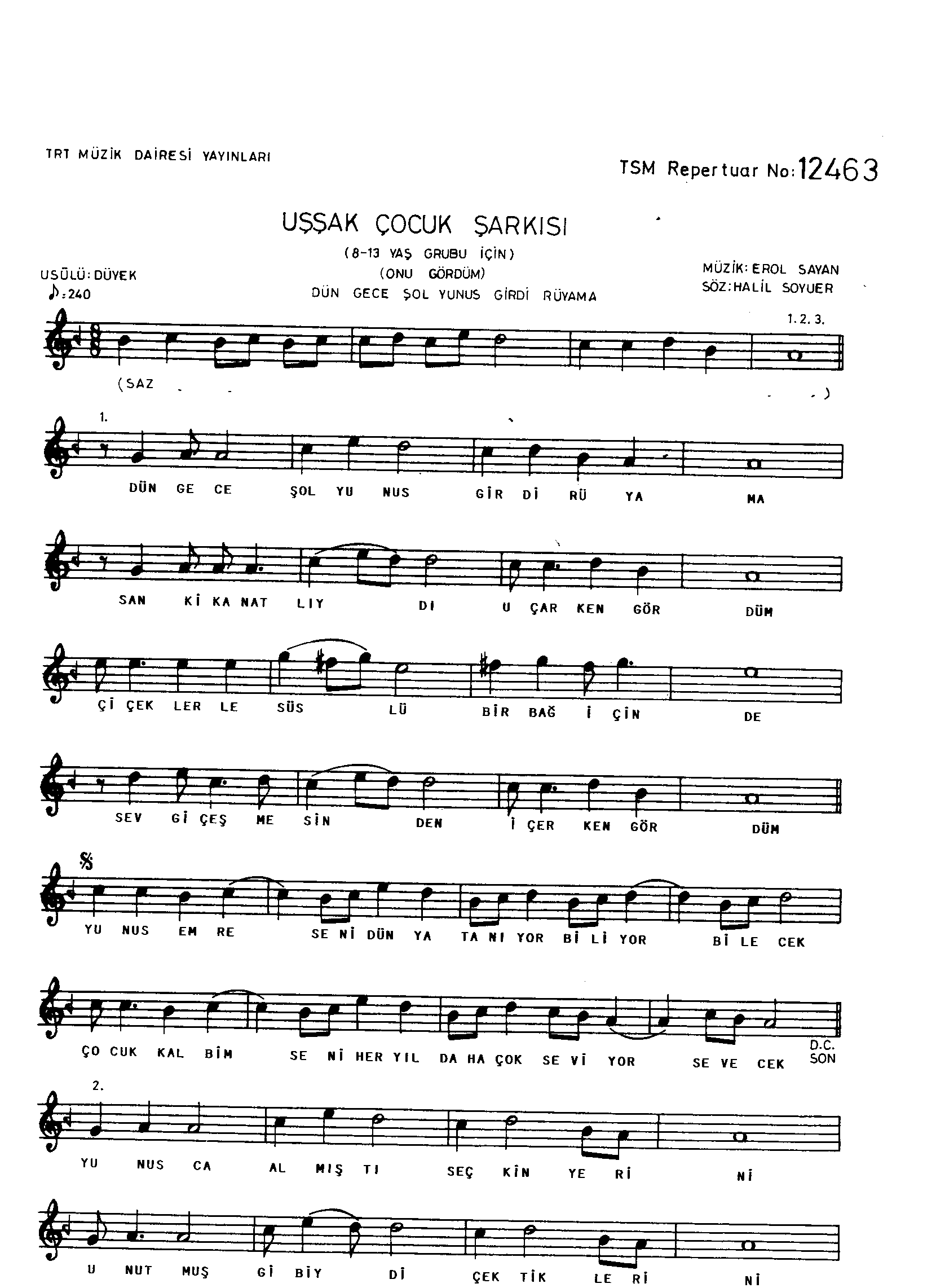 Uşşak - Çocuk Şarkısı - Erol Sayan - Sayfa 1