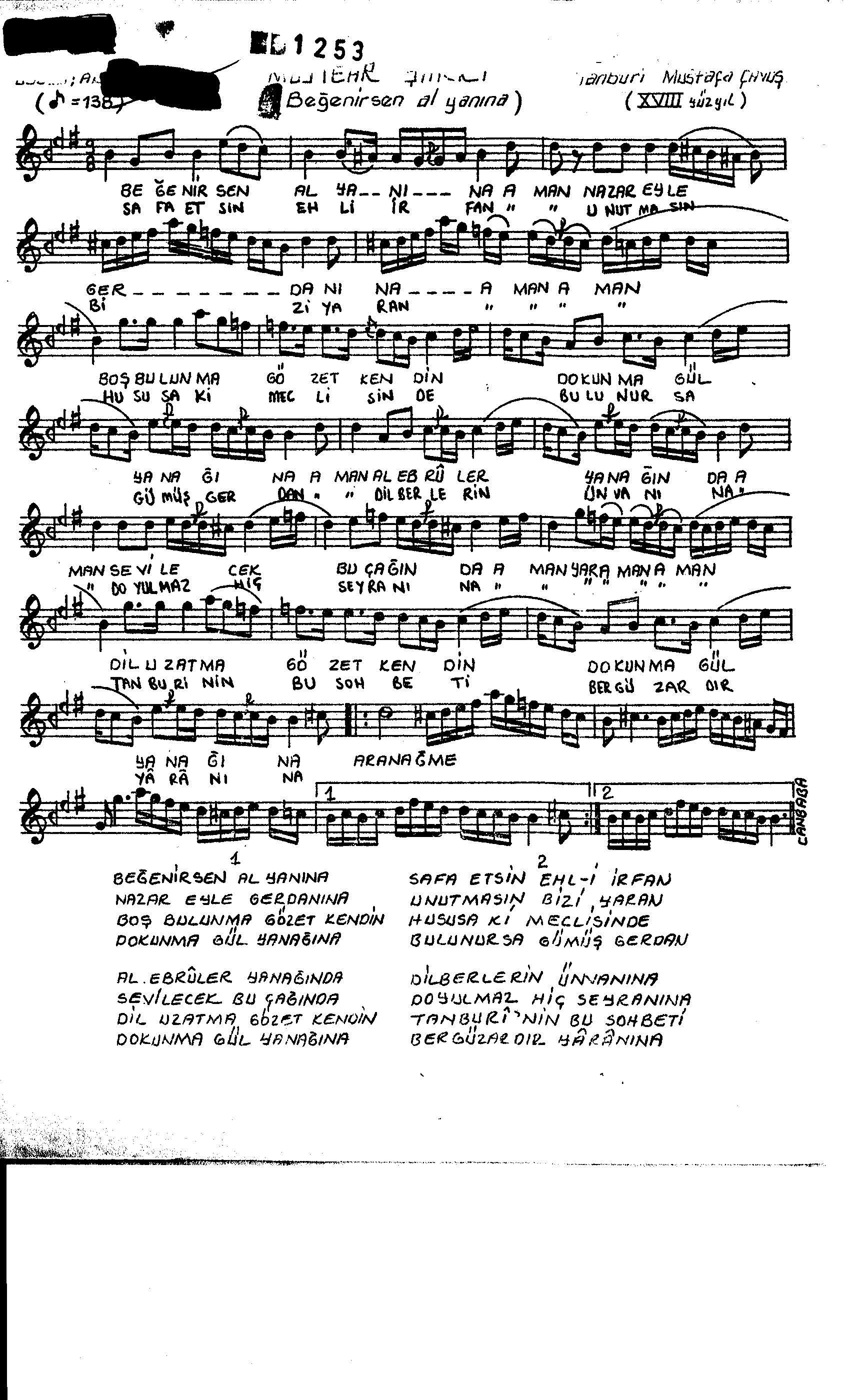 Müsteâr - Şarkı - Tanbûri Mustafa Çavuş - Sayfa 1