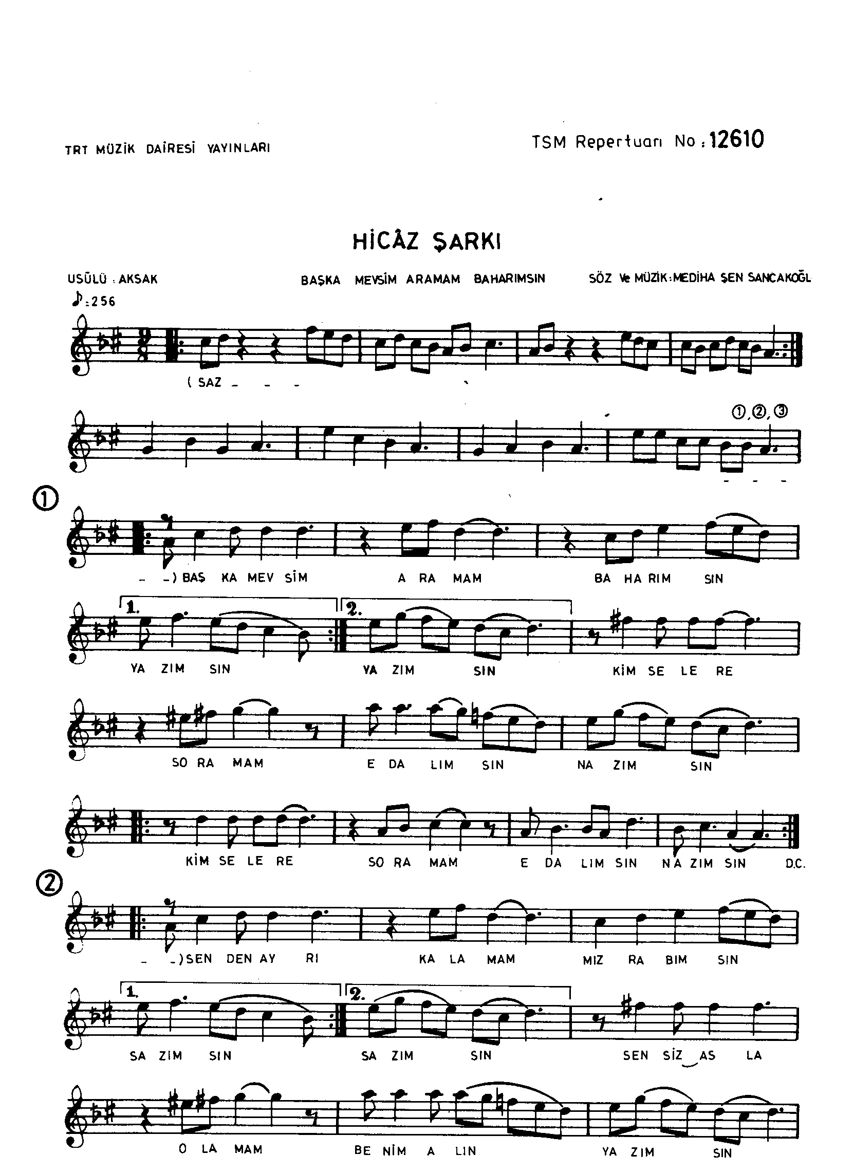 Hicâz - Şarkı - Mediha Şen Sancakoğlu - Sayfa 1