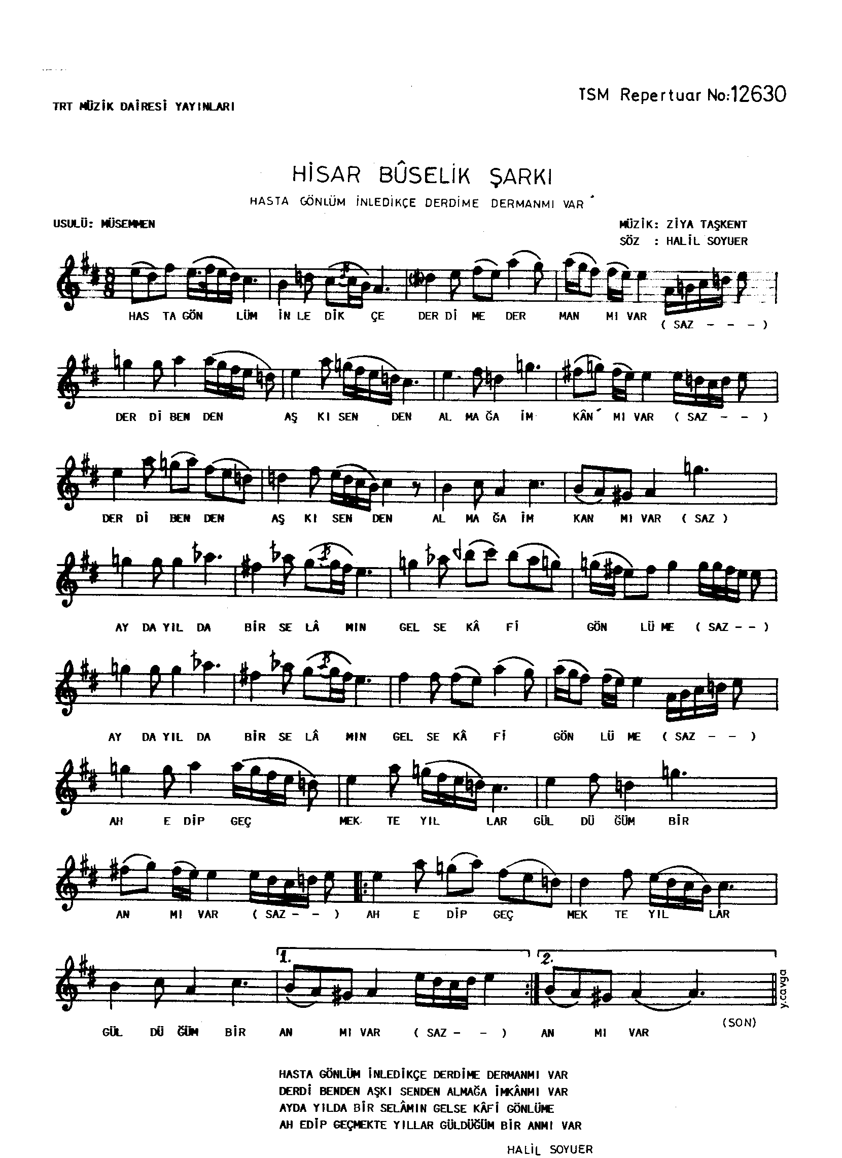 Hisâr-Bûselik - Şarkı - Ziyâ Taşkent - Sayfa 1
