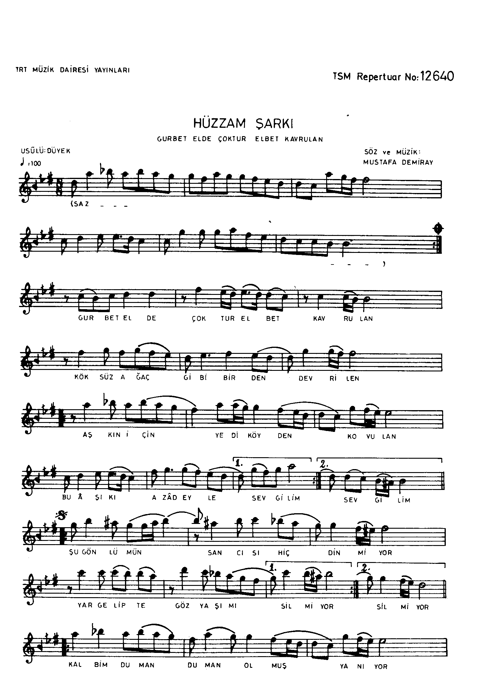 Hüzzâm - Şarkı - Mustafa Demiray - Sayfa 1
