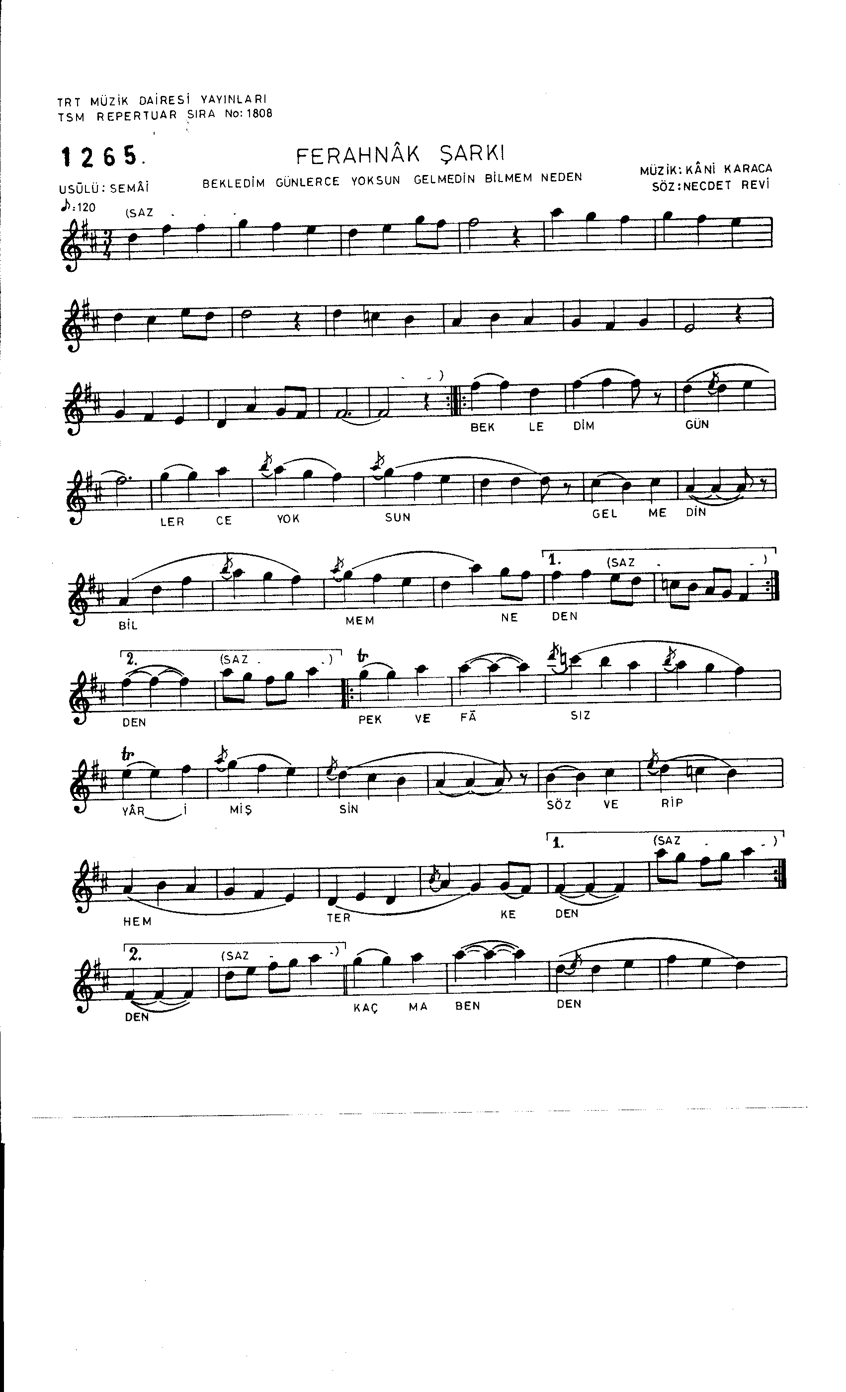 Ferahnâk - Şarkı - Kâni Karaca - Sayfa 1