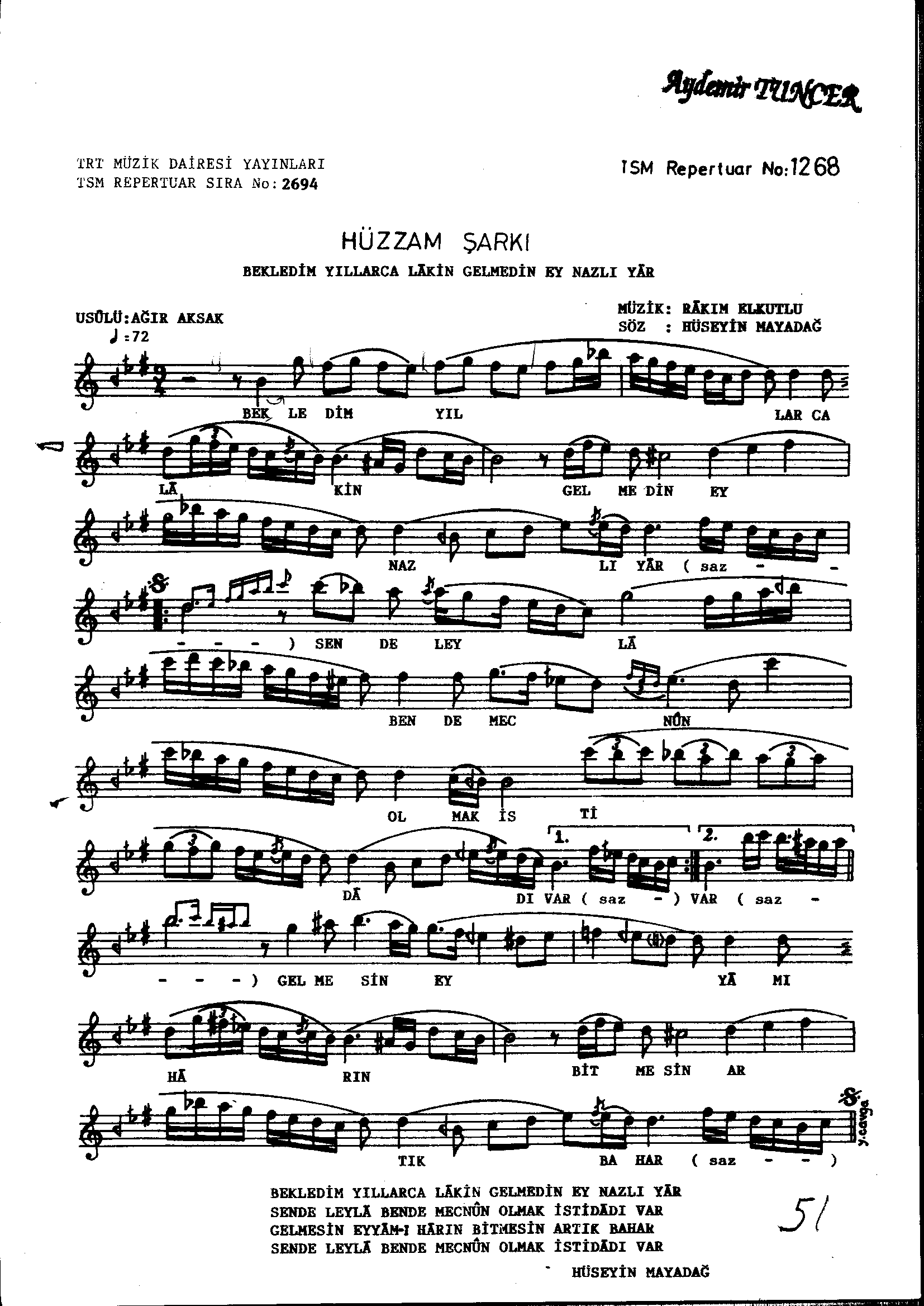 Hüzzâm - Şarkı - Râkım Elkutlu - Sayfa 1