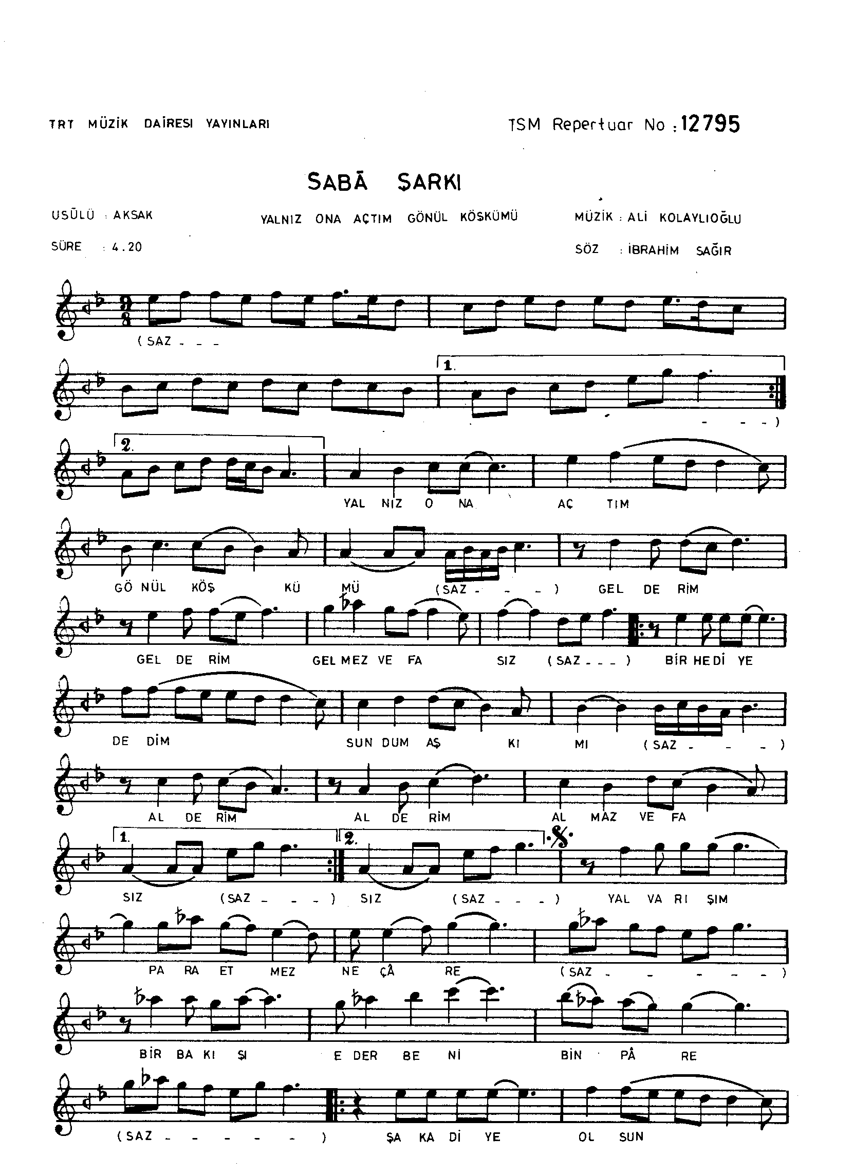 Sabâ - Şarkı - Ali Kolaylıoğlu - Sayfa 1