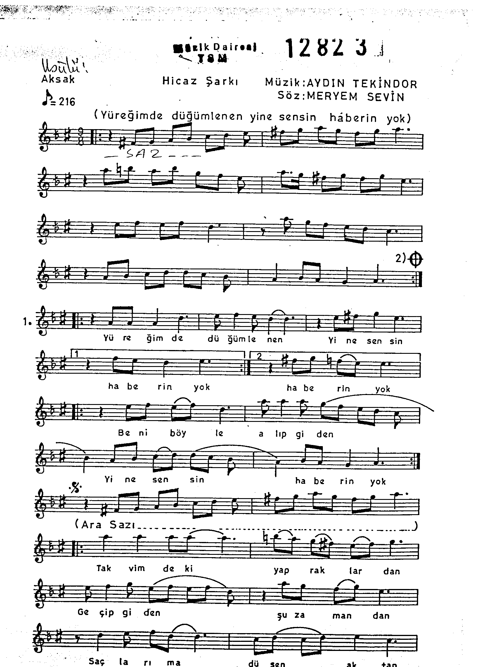 Hicâz - Şarkı - Aydın Tekindor - Sayfa 1