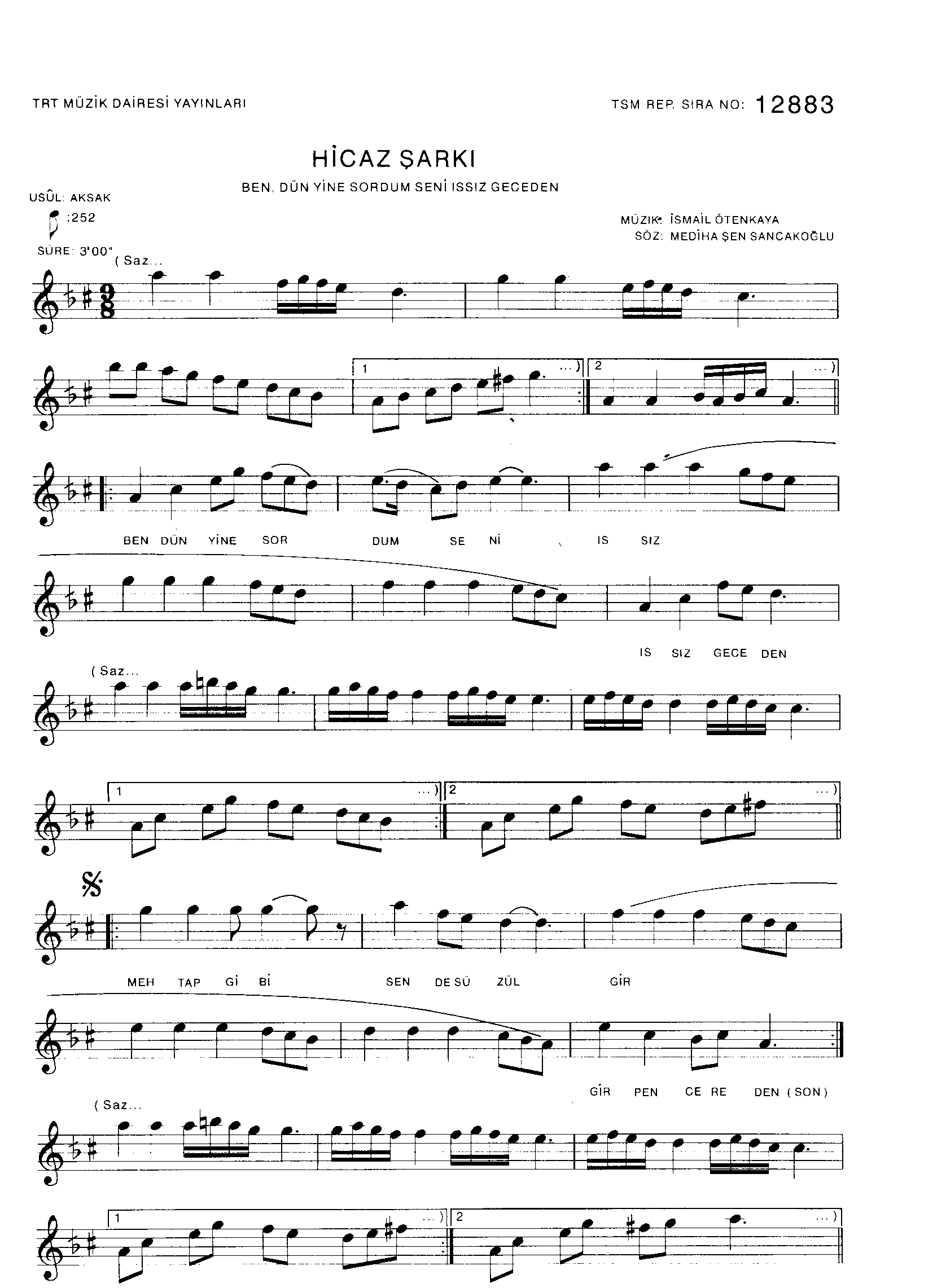 Hicâz-Hümâyûn - Şarkı - İsmail Ötenkaya - Sayfa 1
