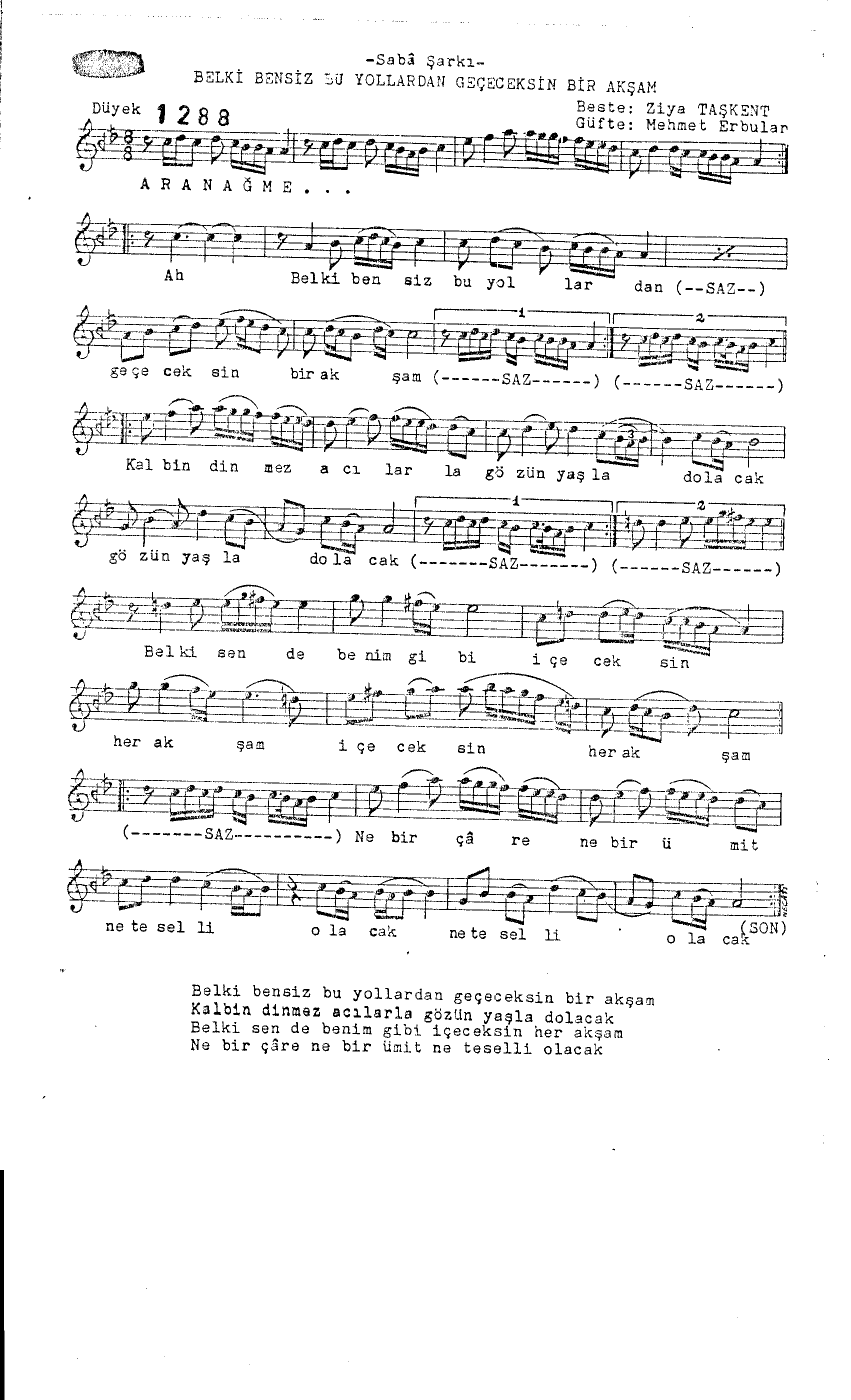 Sabâ - Şarkı - Ziyâ Taşkent - Sayfa 1