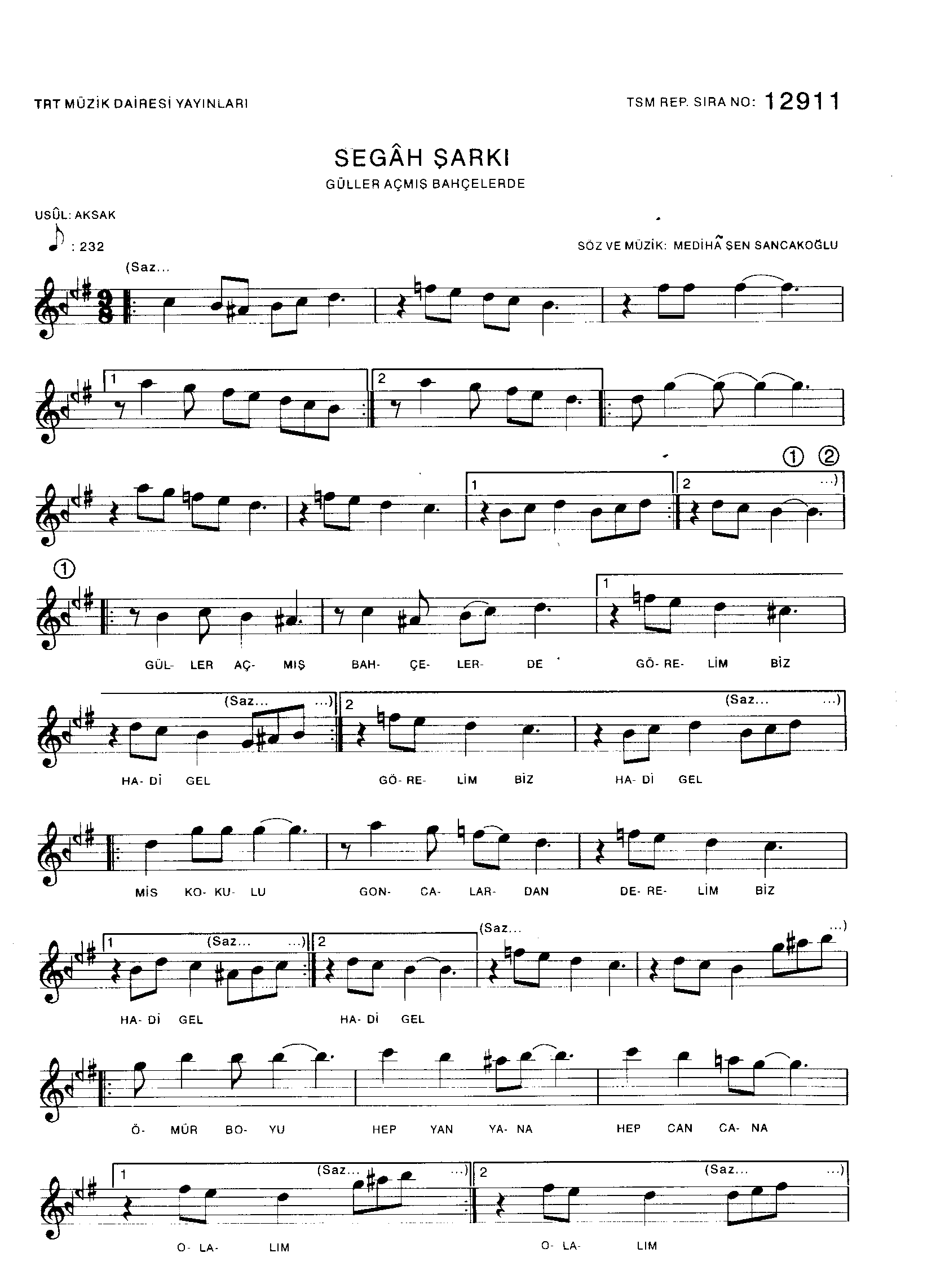 Segâh - Şarkı - Mediha Şen Sancakoğlu - Sayfa 1