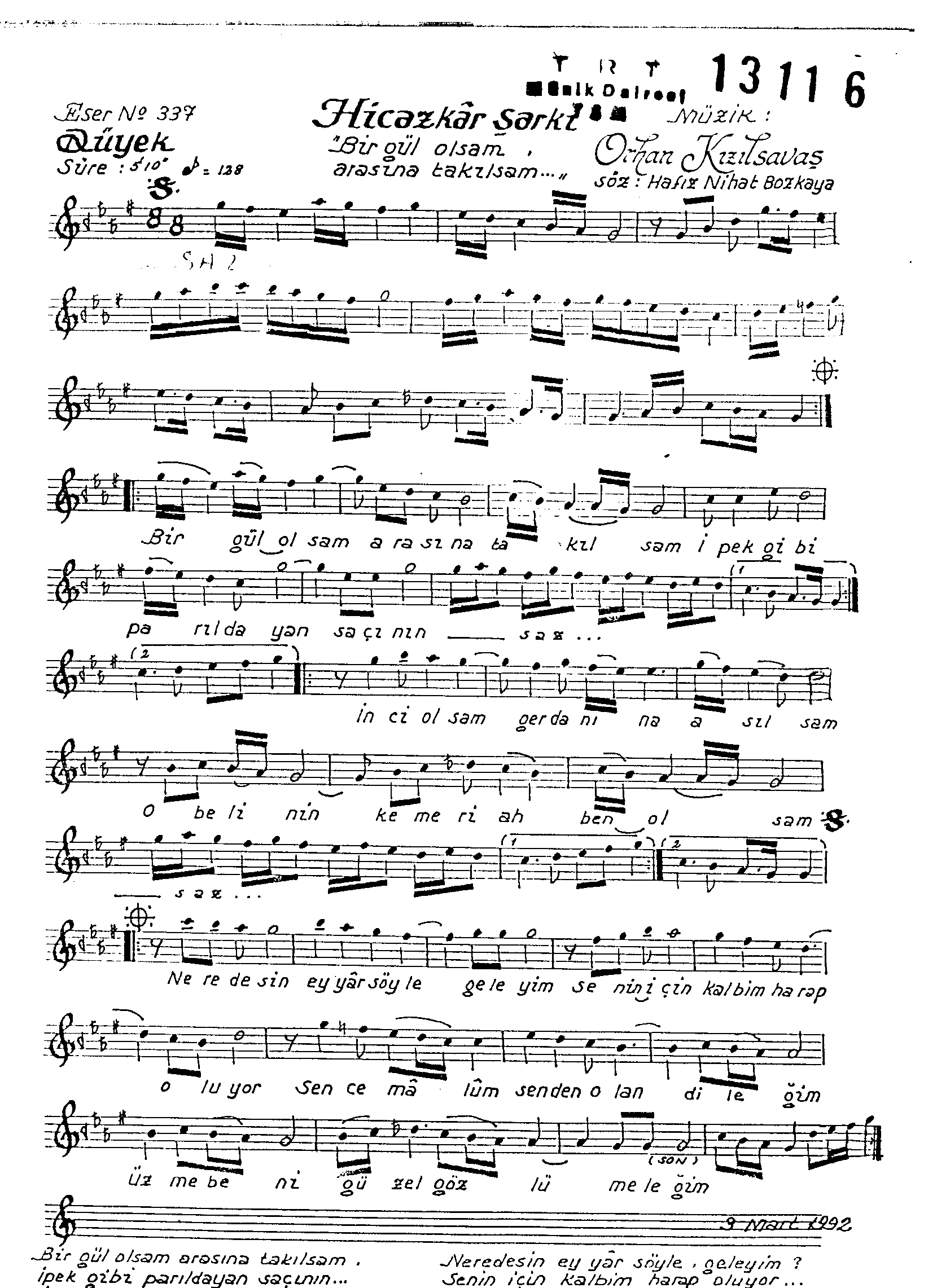 Hicâzkâr - Şarkı - Orhan Kızılsavaş - Sayfa 1
