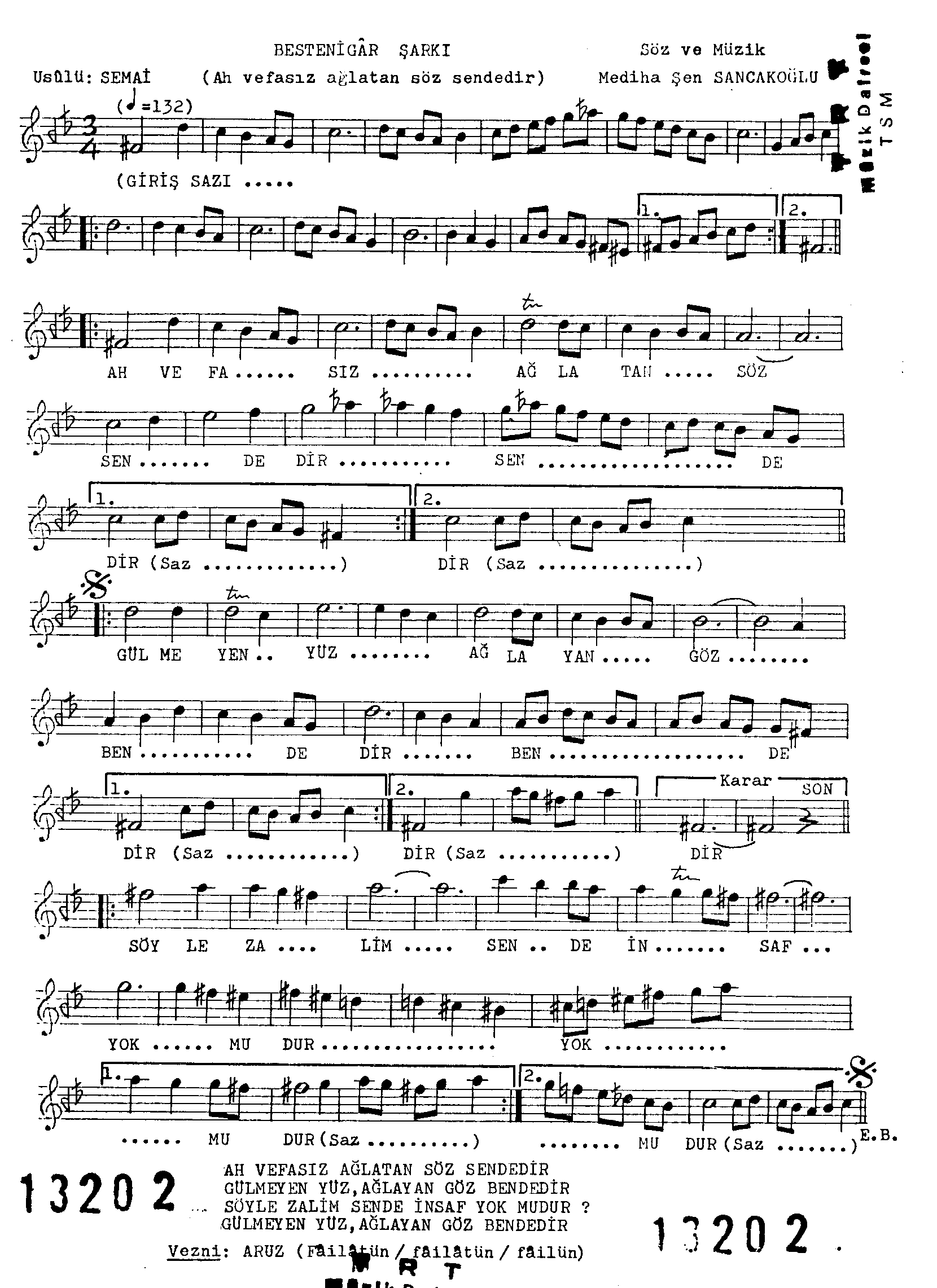 Bestenigâr - Şarkı - Mediha Şen Sancakoğlu - Sayfa 1