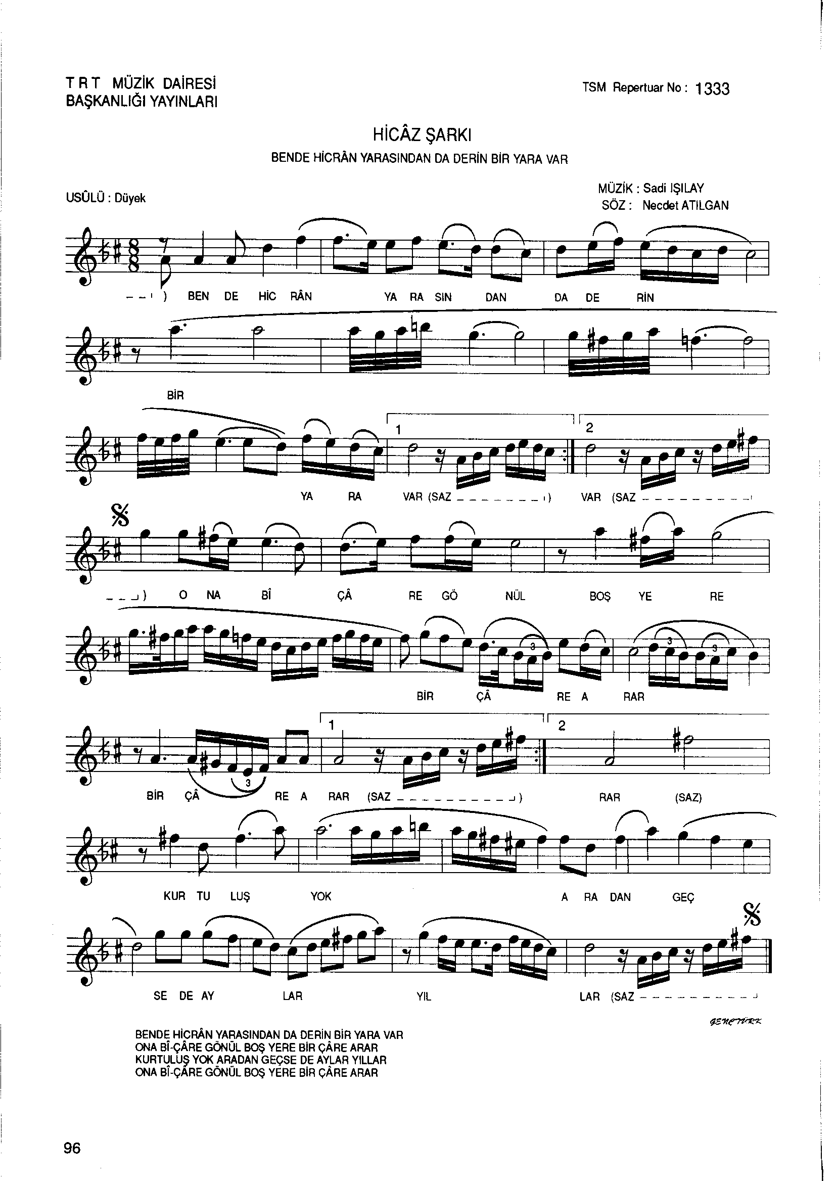 Hicâz - Şarkı - Sadi Işılay - Sayfa 1
