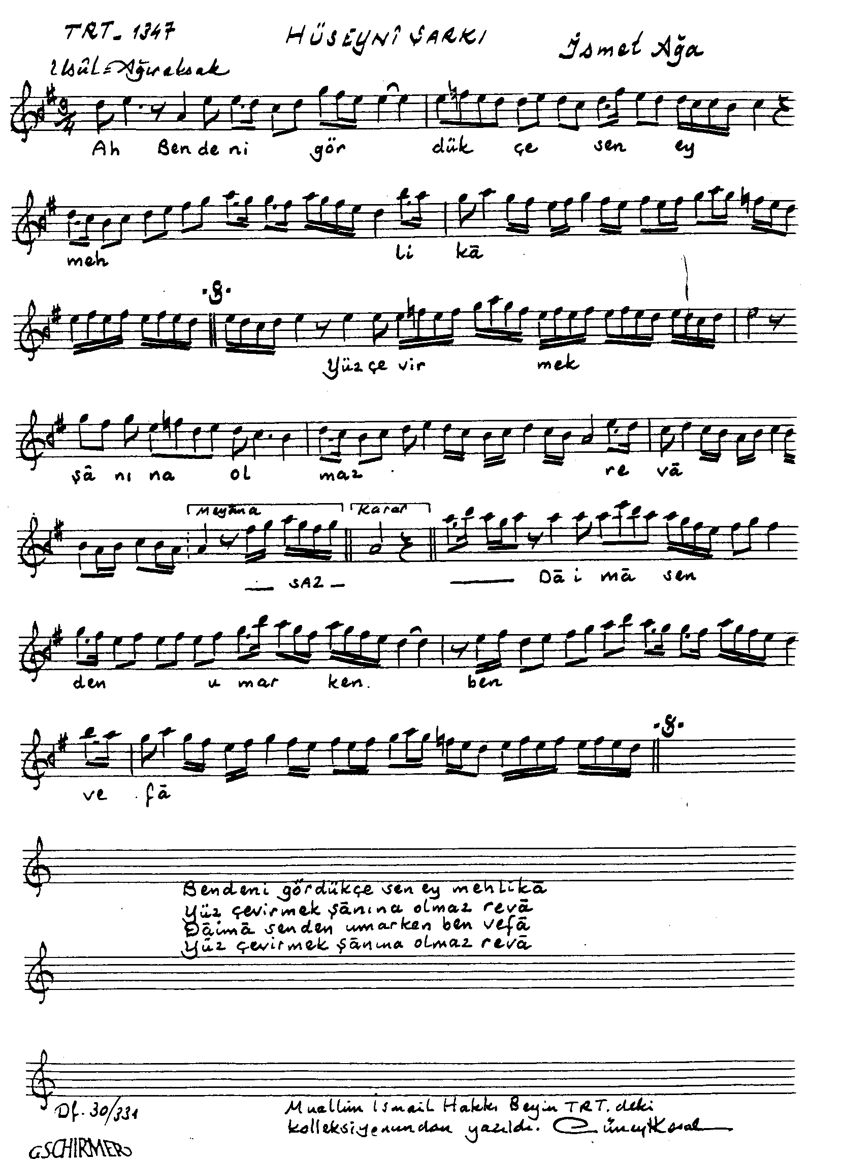 Hüseynî - Şarkı - İsmet Ağa - Sayfa 1