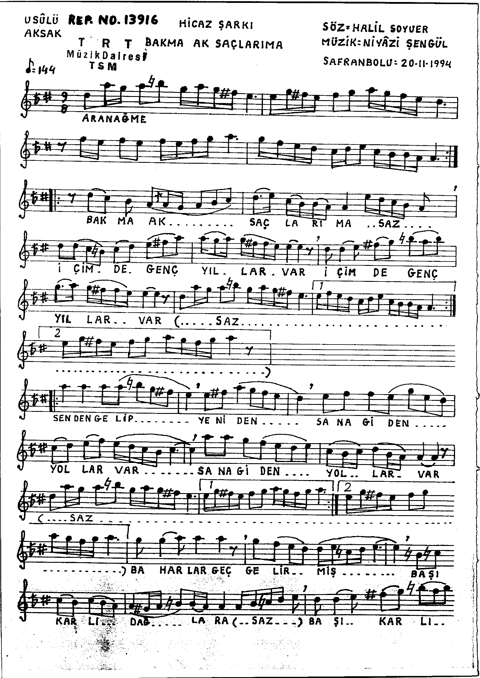 Hicâz - Şarkı - Niyâzi Şengül - Sayfa 1
