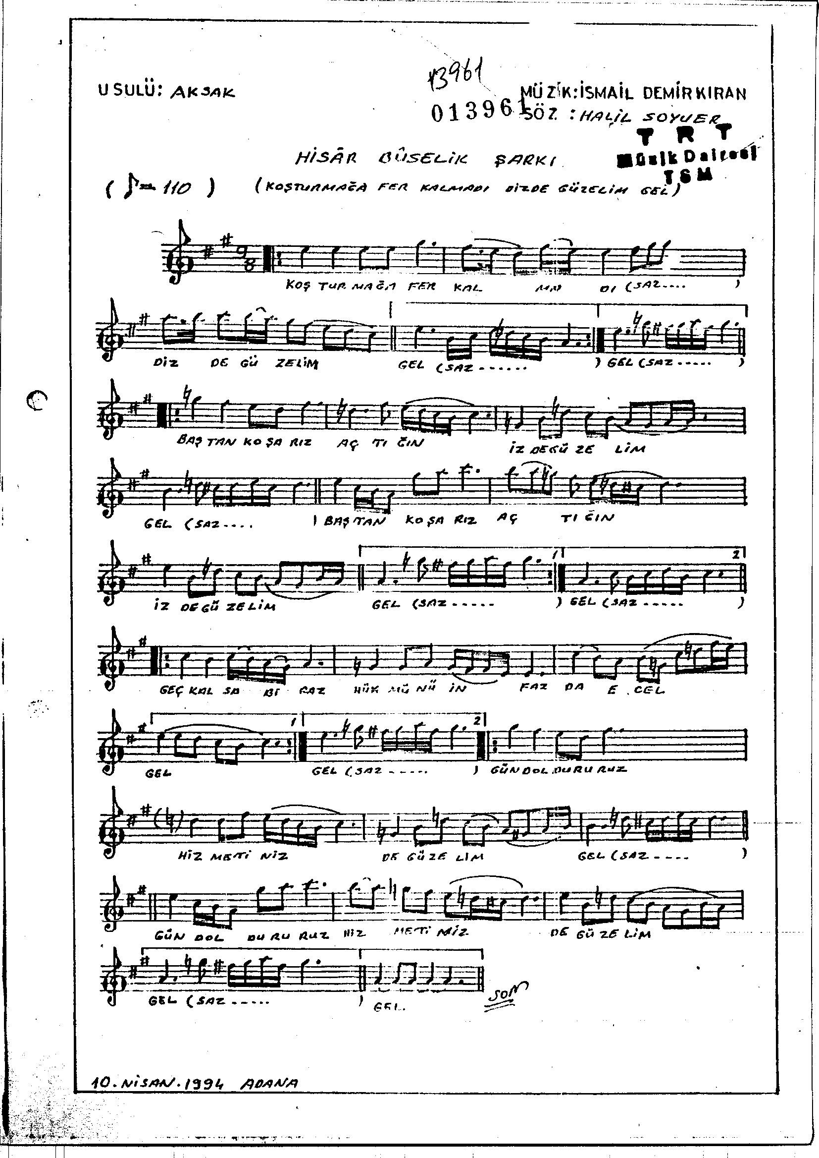 Hisâr-Bûselik - Şarkı - İsmail Demirkıran - Sayfa 1