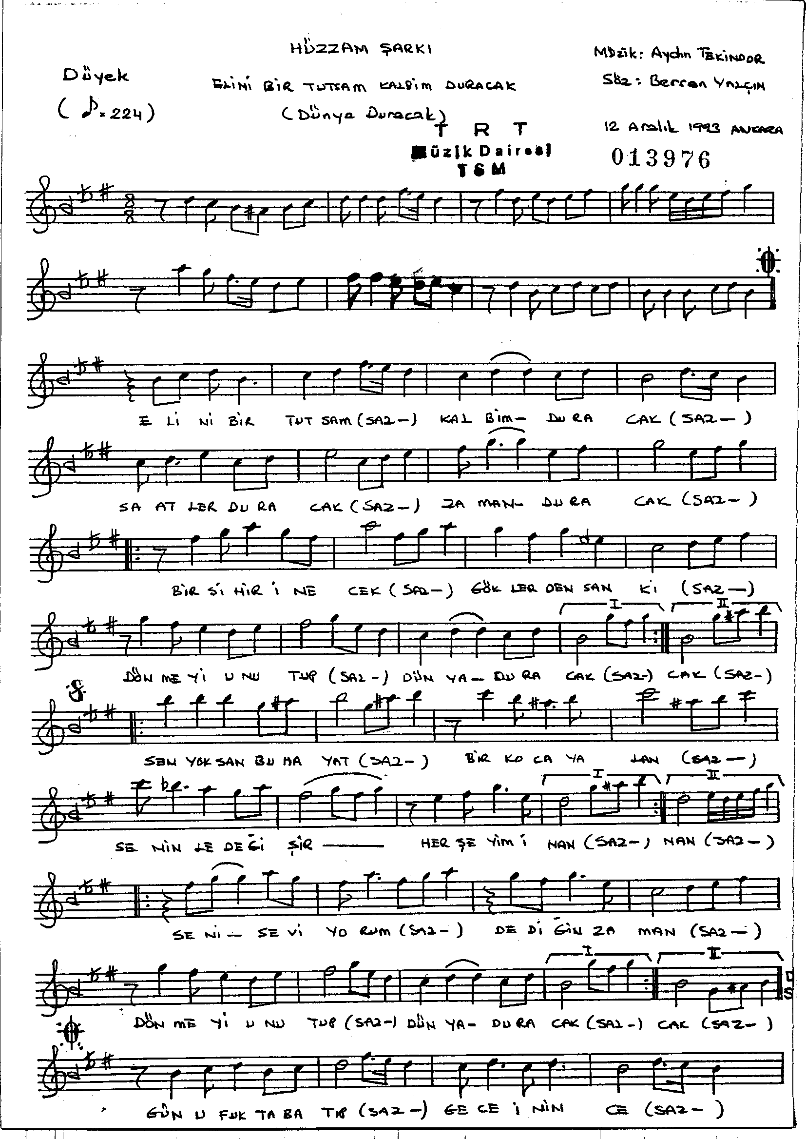 Hüzzâm - Şarkı - Aydın Tekindor - Sayfa 1