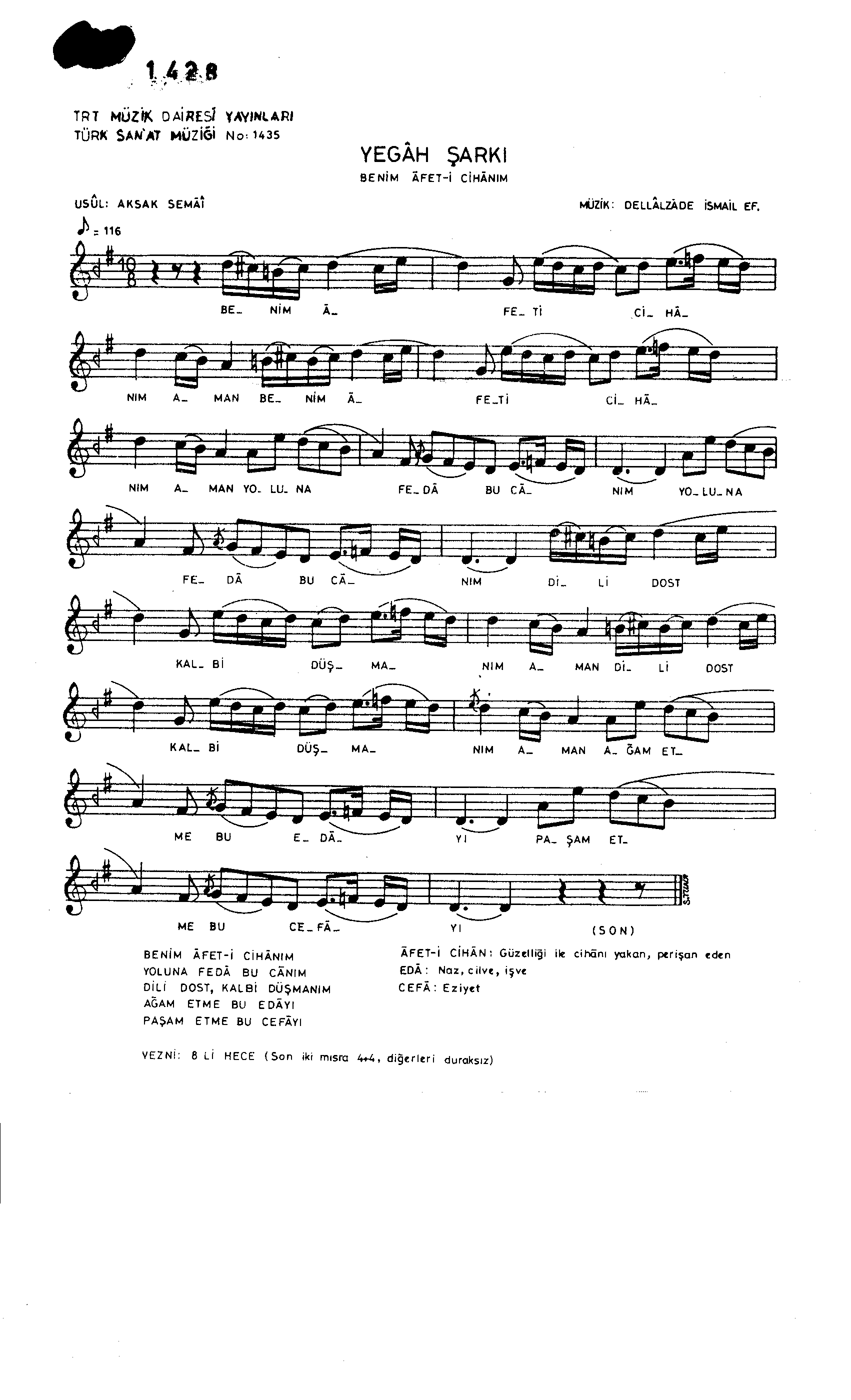 Yegah - Şarkı - Dellalzâde  - Sayfa 1