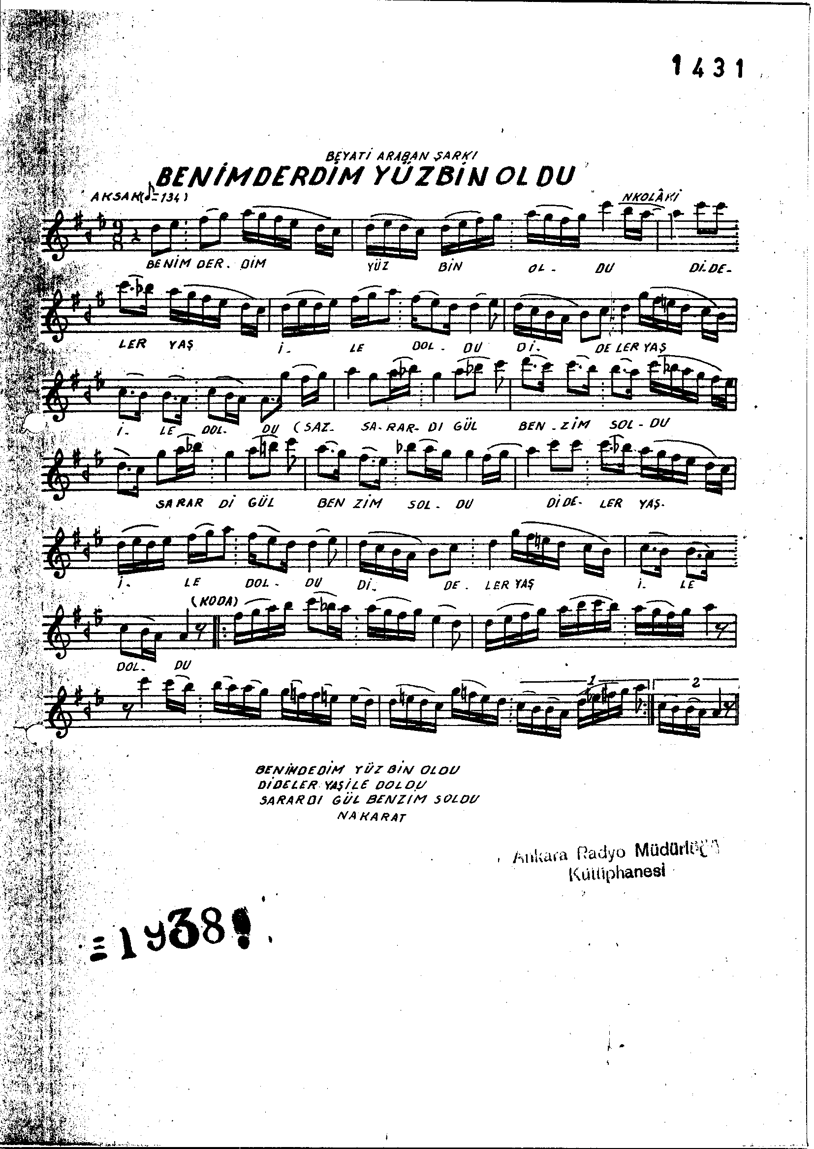 Beyâtî-Arabân - Şarkı - Nikolâki (Kemençeci) - Sayfa 1