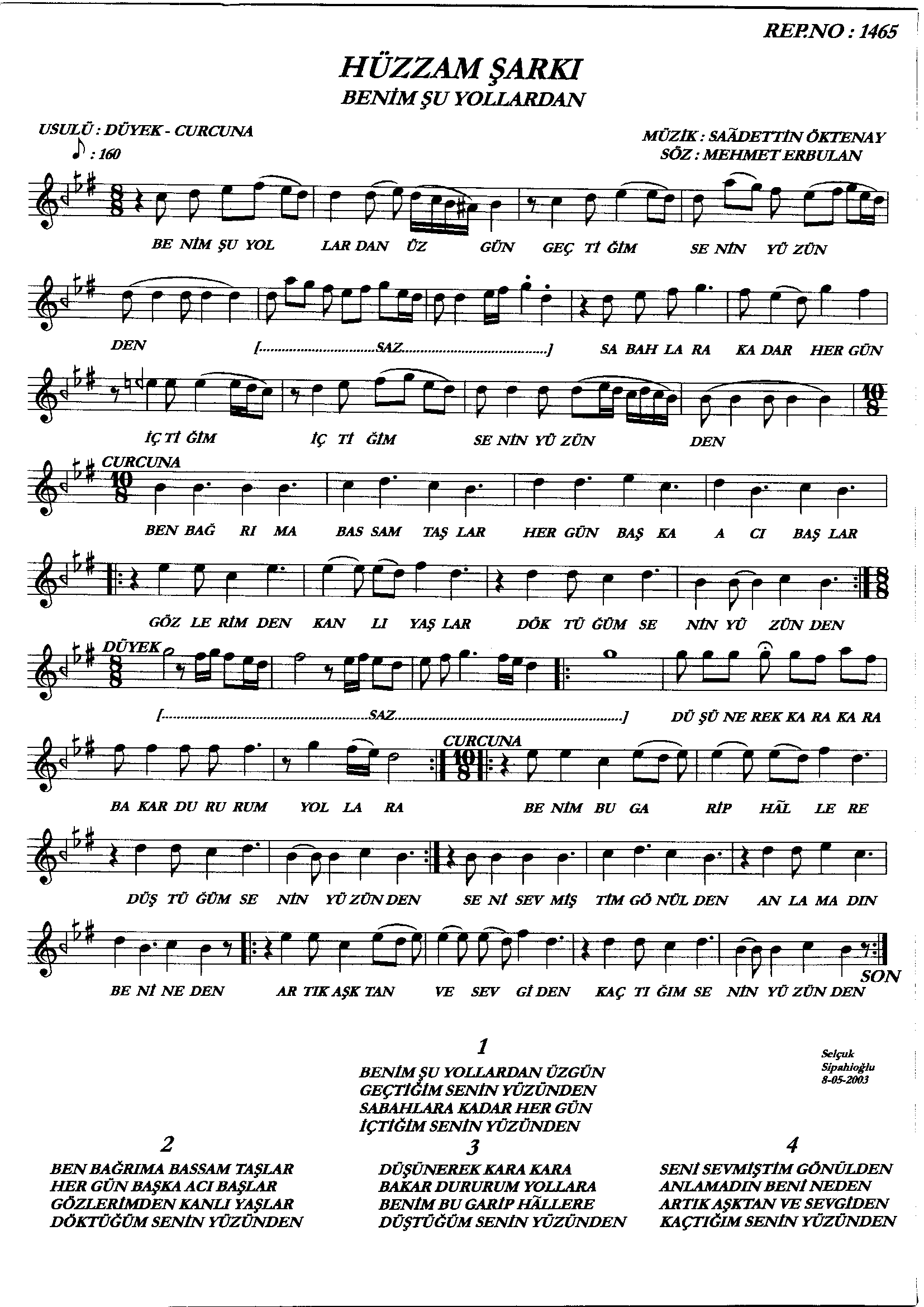 Hüzzâm - Şarkı - Sâdettin Öktenay - Sayfa 1