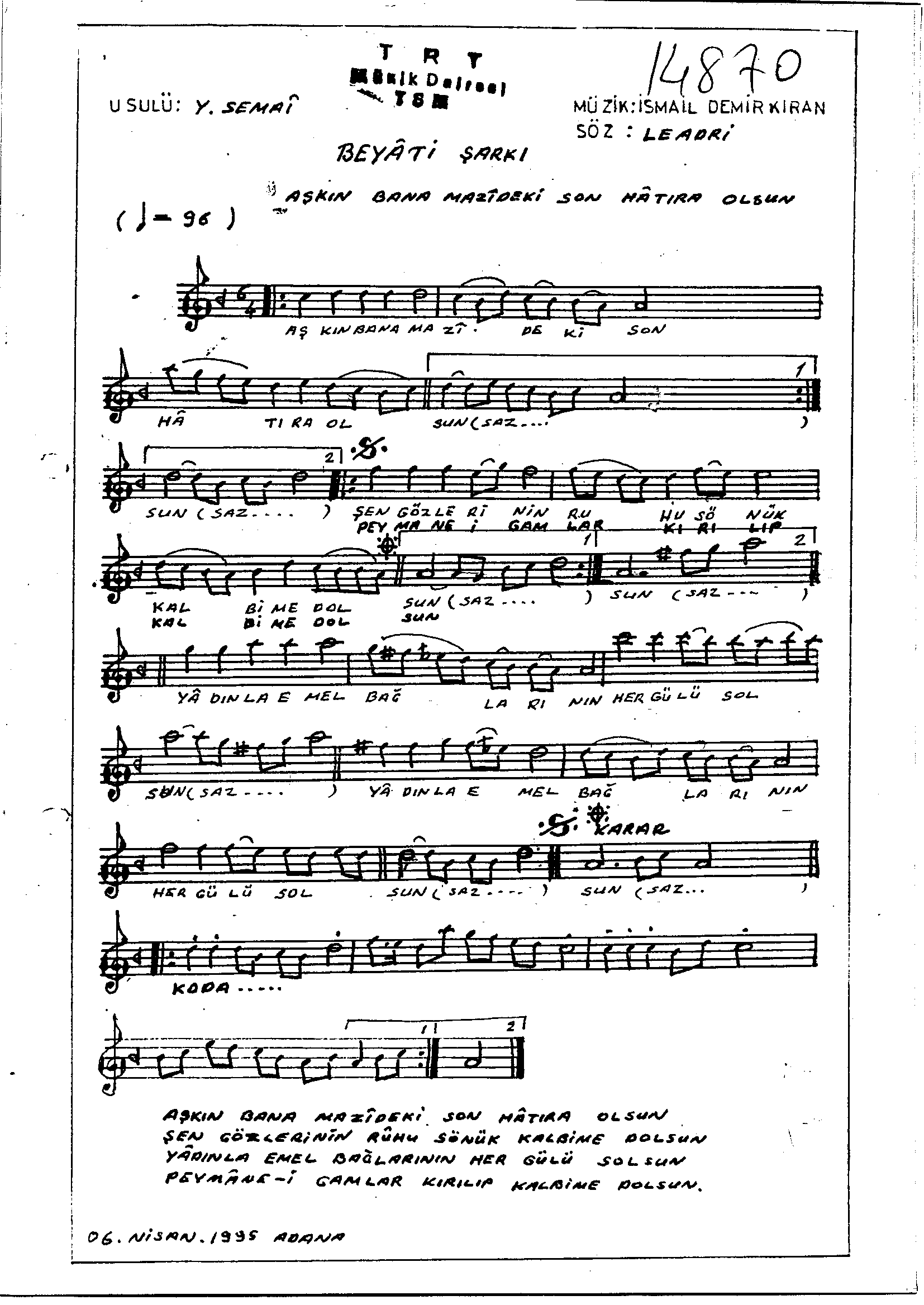 Beyâtî - Şarkı - İsmail Demirkıran - Sayfa 1