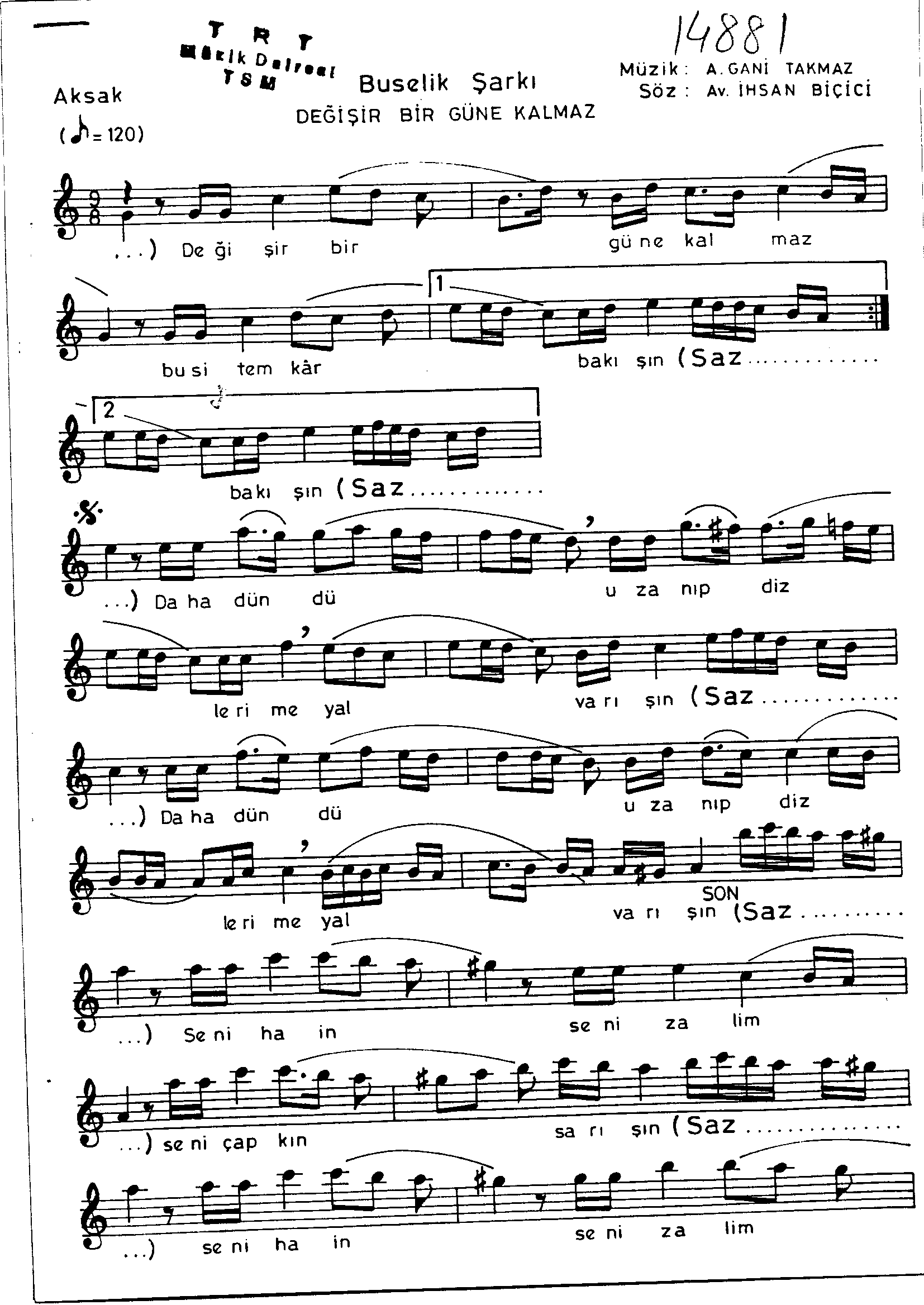 Bûselik - Şarkı - A.Gâni Takmaz - Sayfa 1