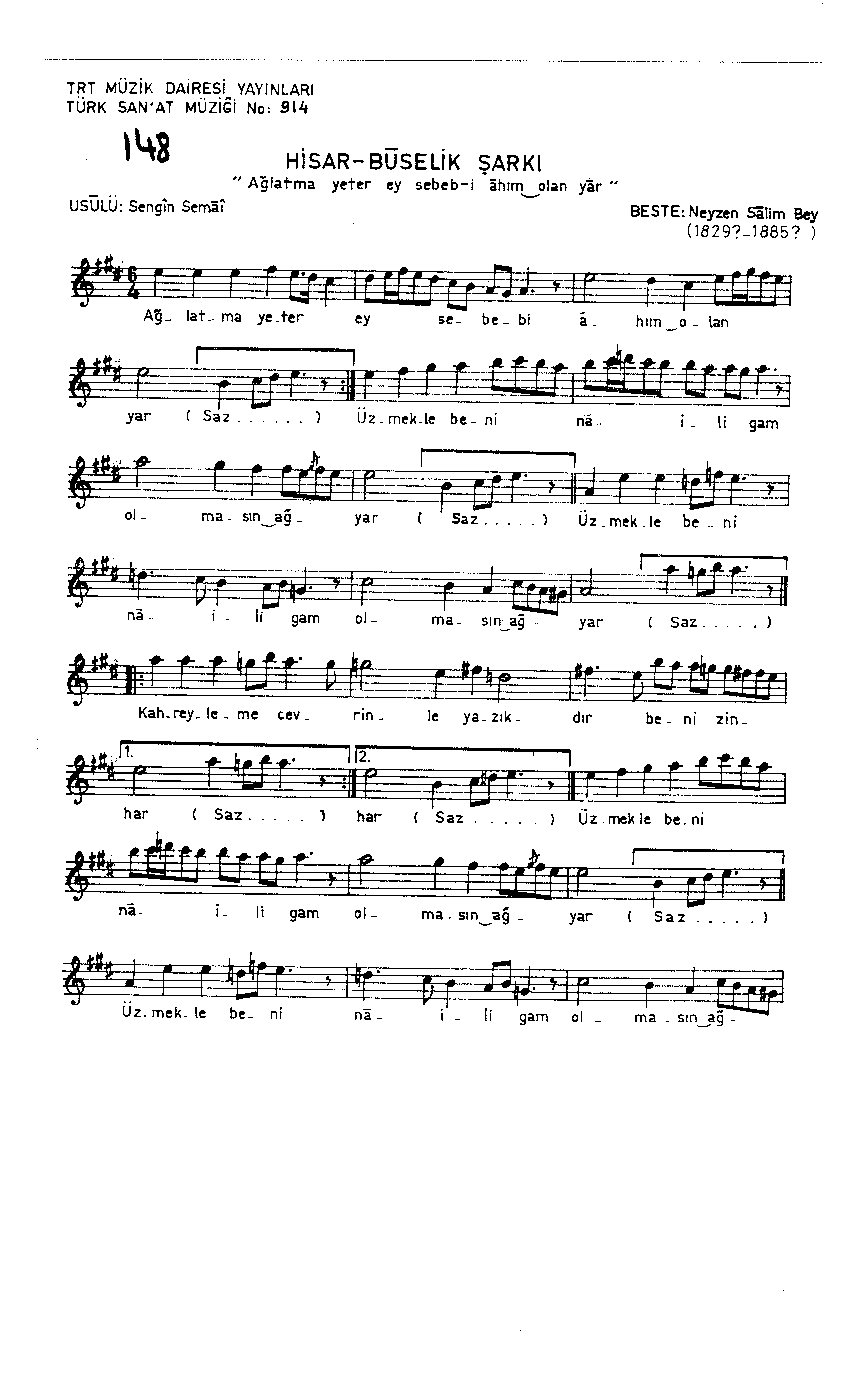 Hisâr-Bûselik - Şarkı - Sâlim Bey(Neyzen) - Sayfa 1