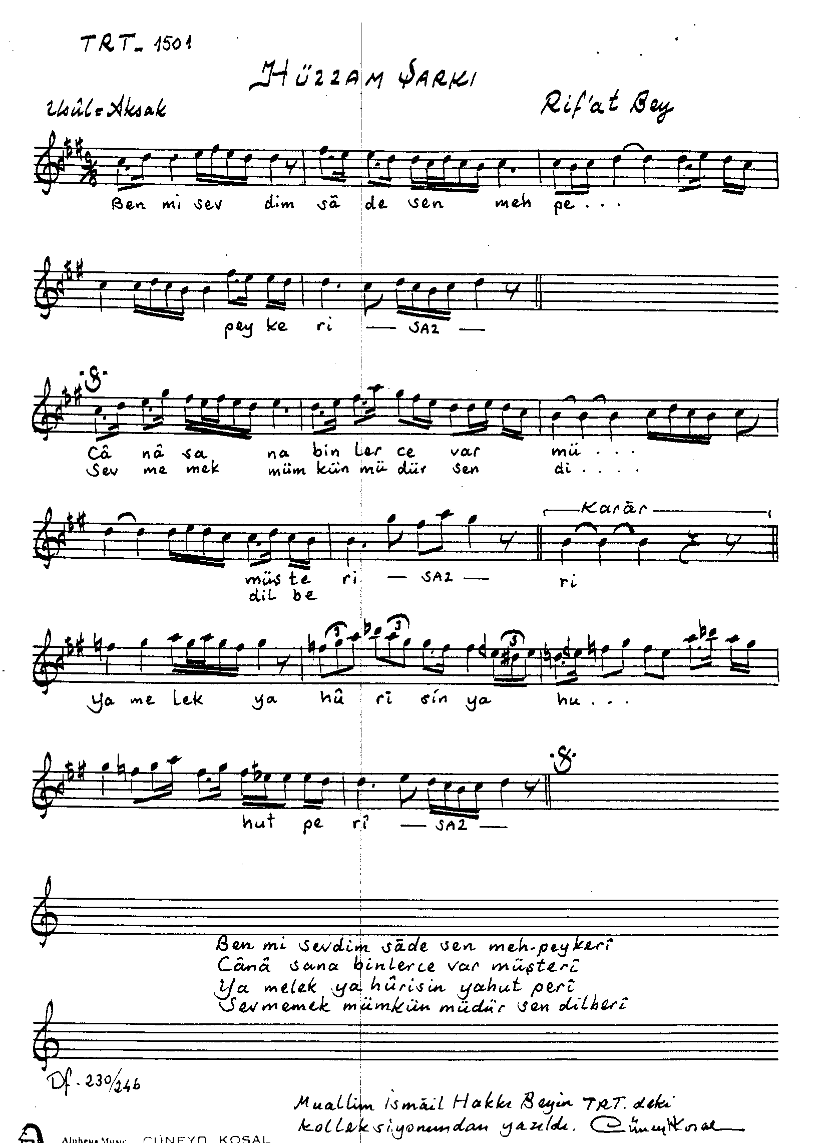Hüzzâm - Şarkı - Rif'at Bey - Sayfa 1