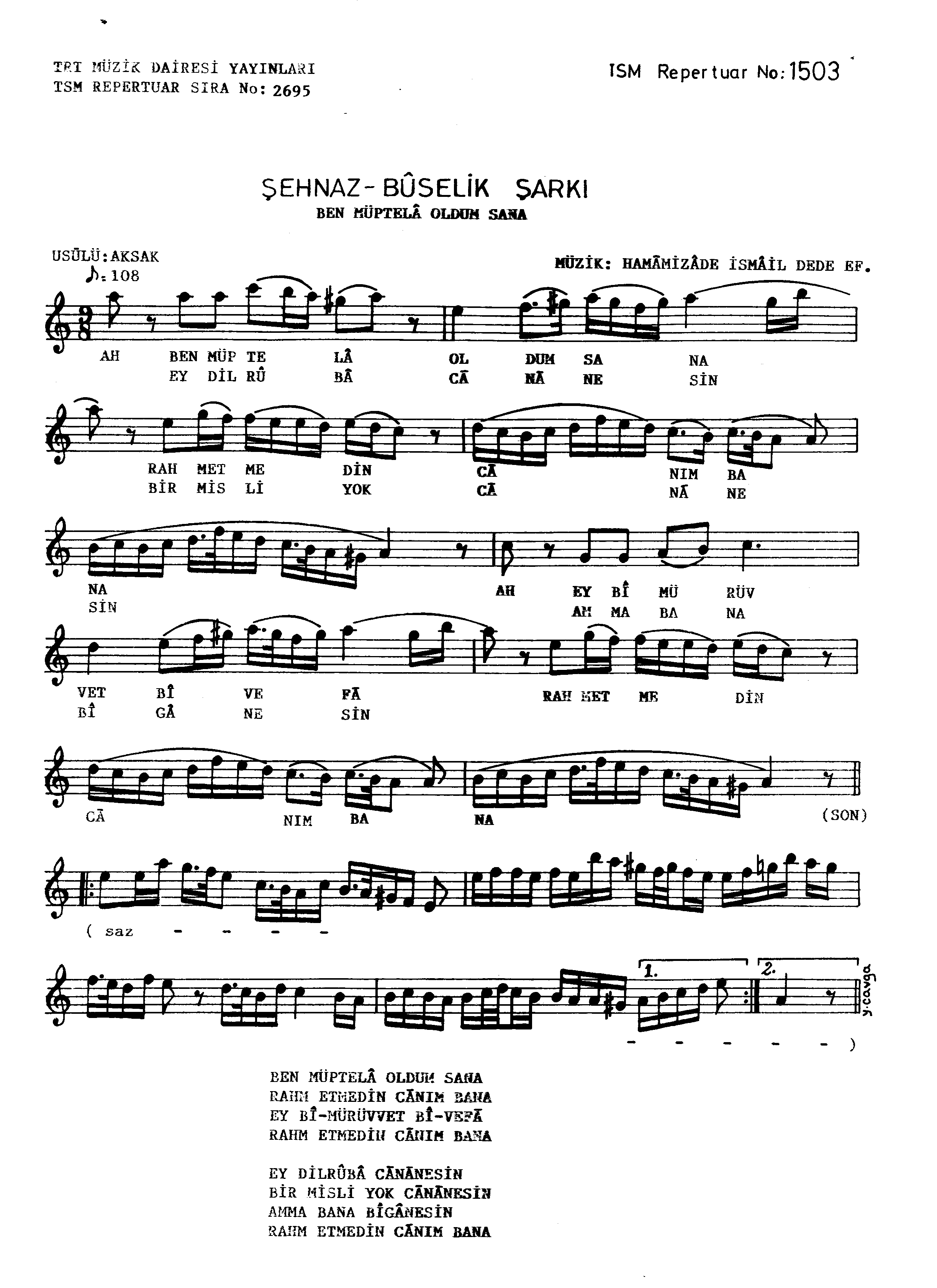 Şehnâz Bûselik - Şarkı - Dede Efendi - Sayfa 1