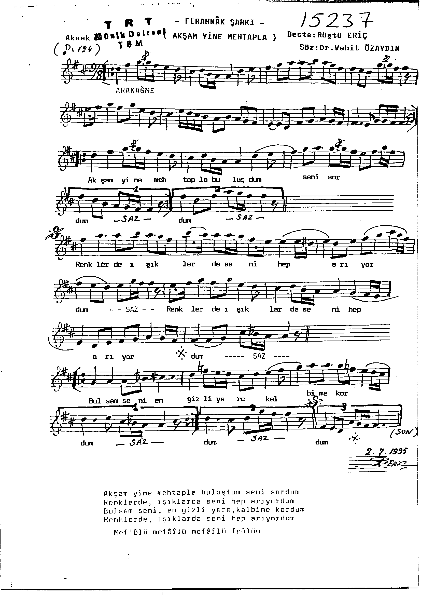 Ferahnâk - Şarkı - Rüştü Eriç - Sayfa 1
