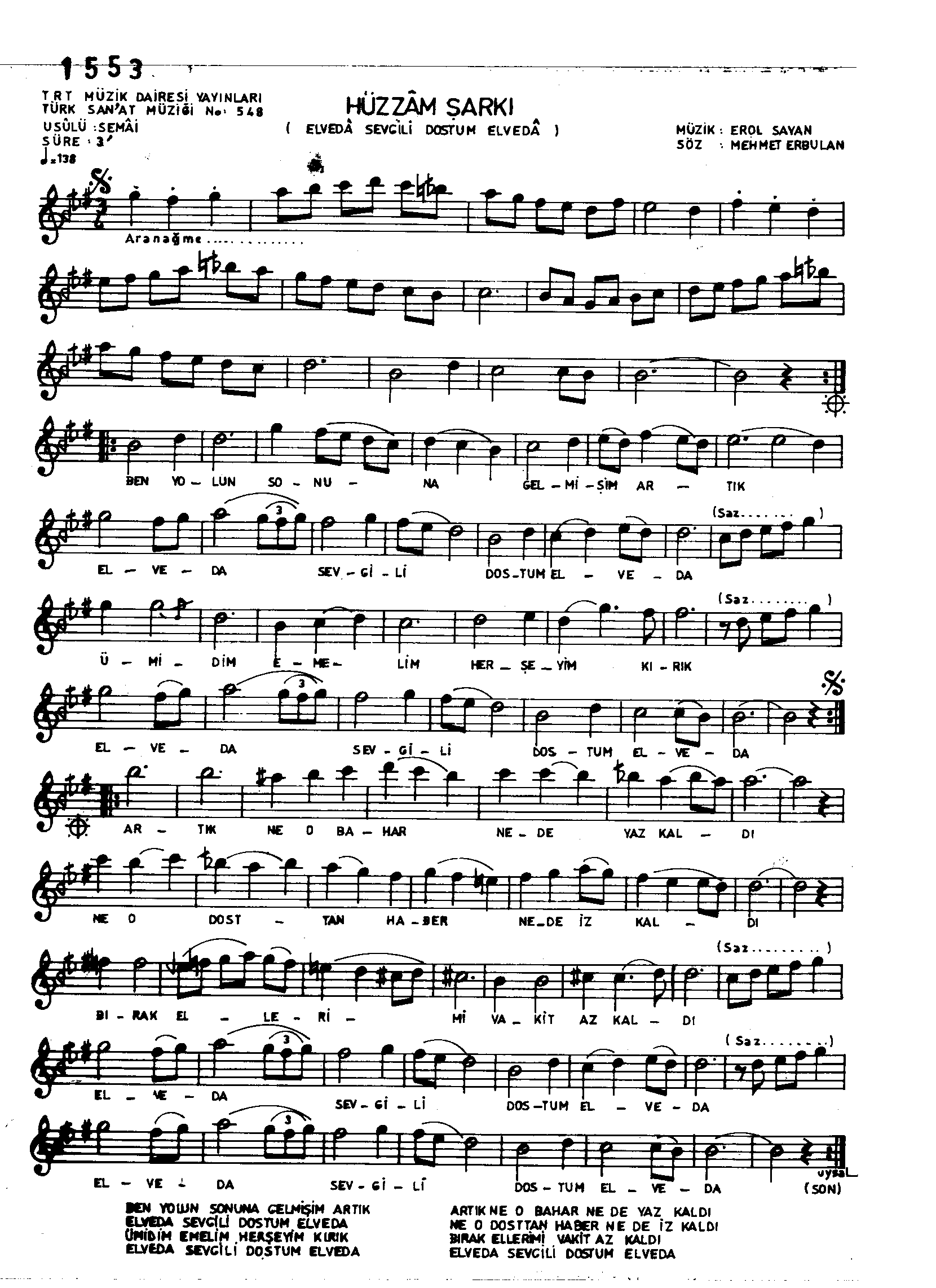 Hüzzâm - Şarkı - Erol Sayan - Sayfa 1