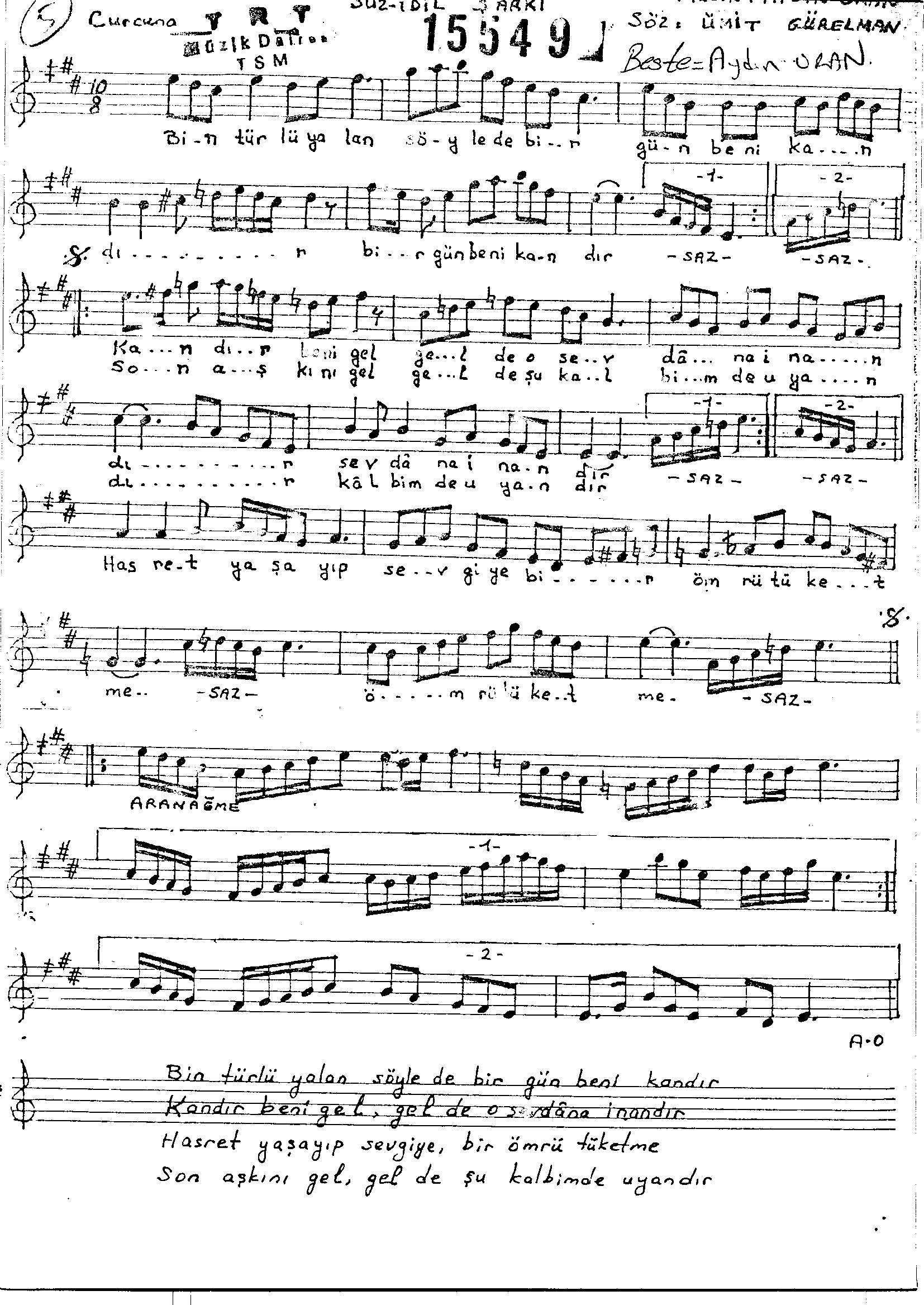 Sûz-i Dil - Şarkı - Aydın Oran - Sayfa 1