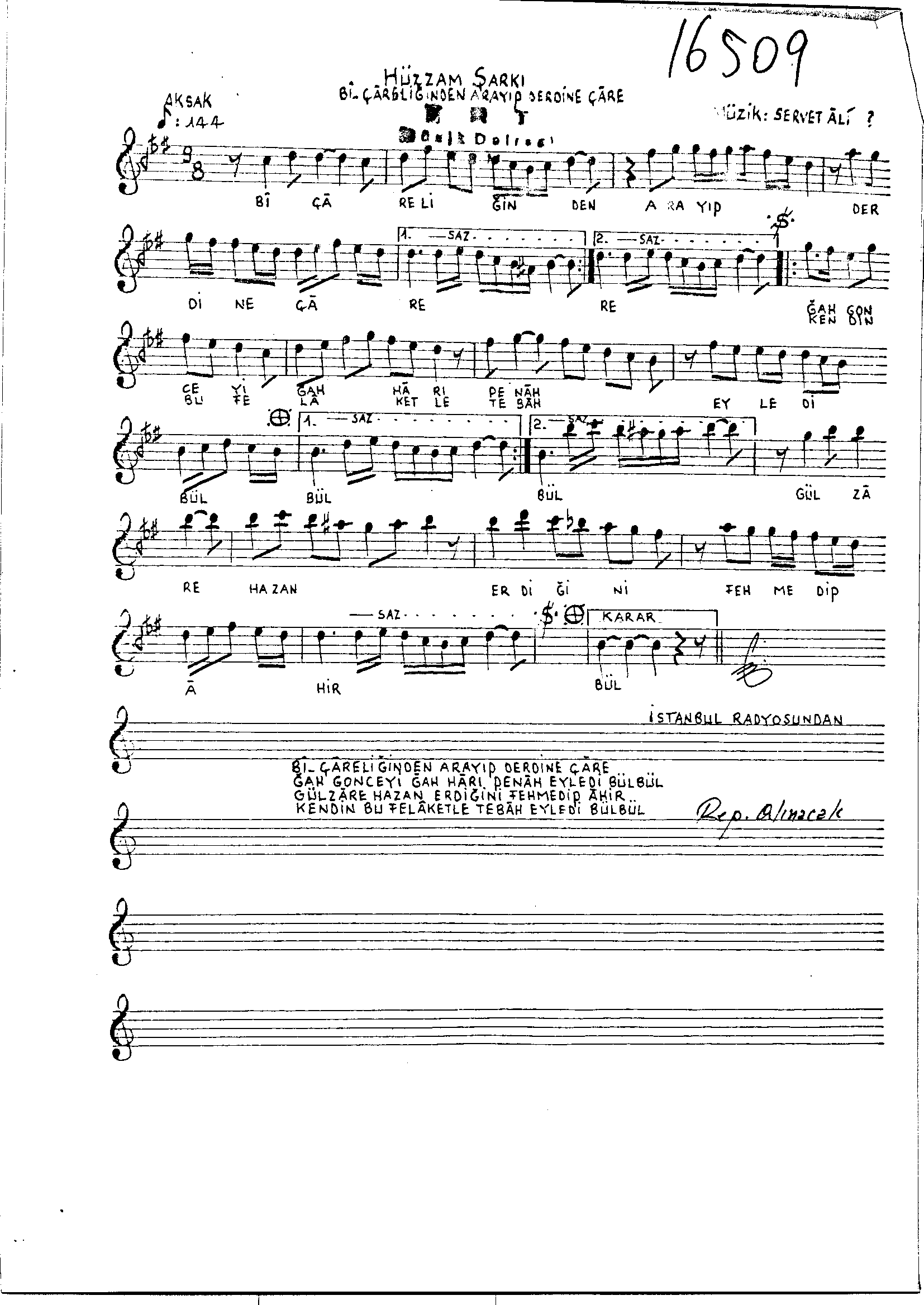 Hüzzâm - Şarkı - Servet Alî - Sayfa 1