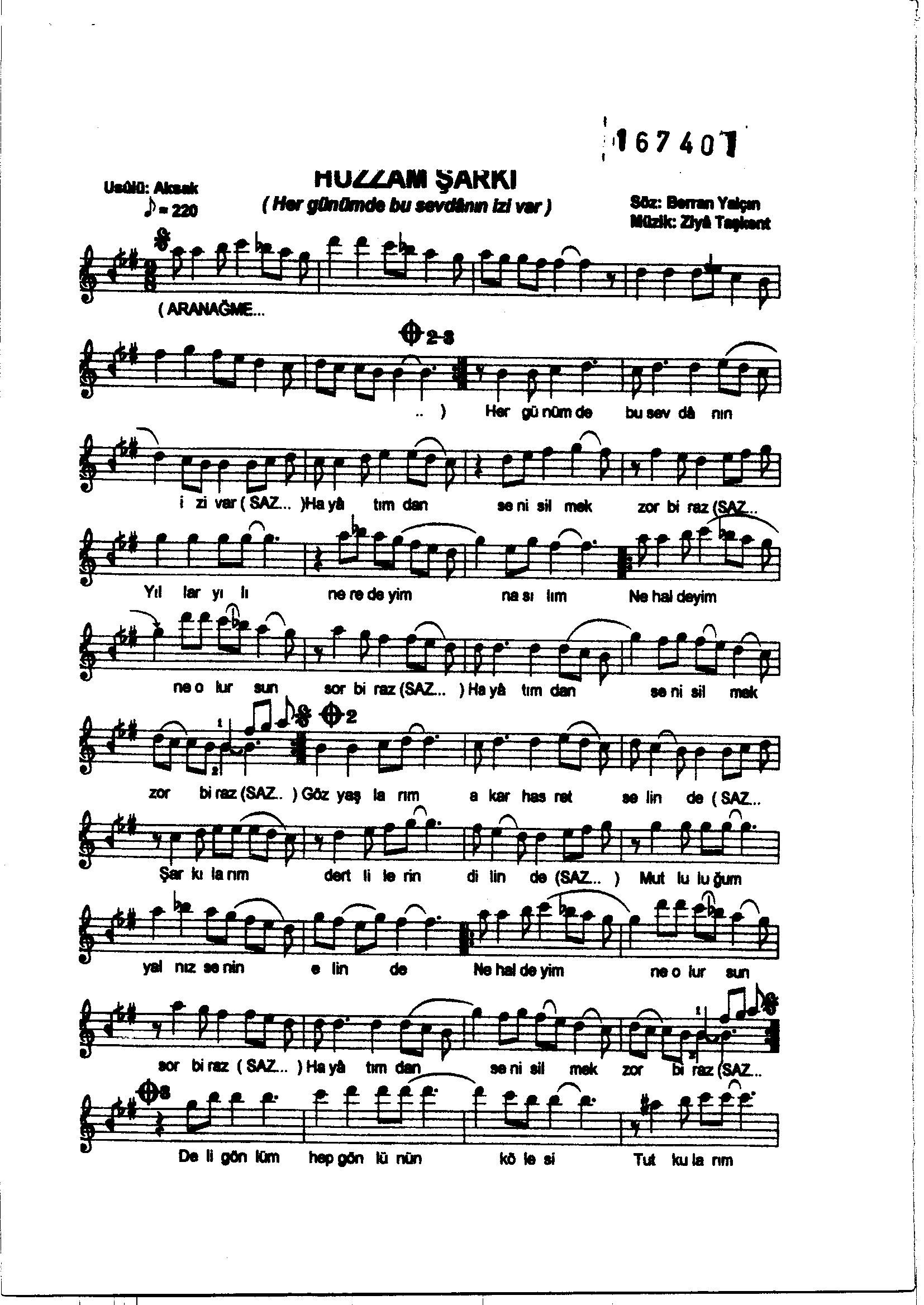 Hüzzâm - Şarkı - Ziyâ Taşkent - Sayfa 1