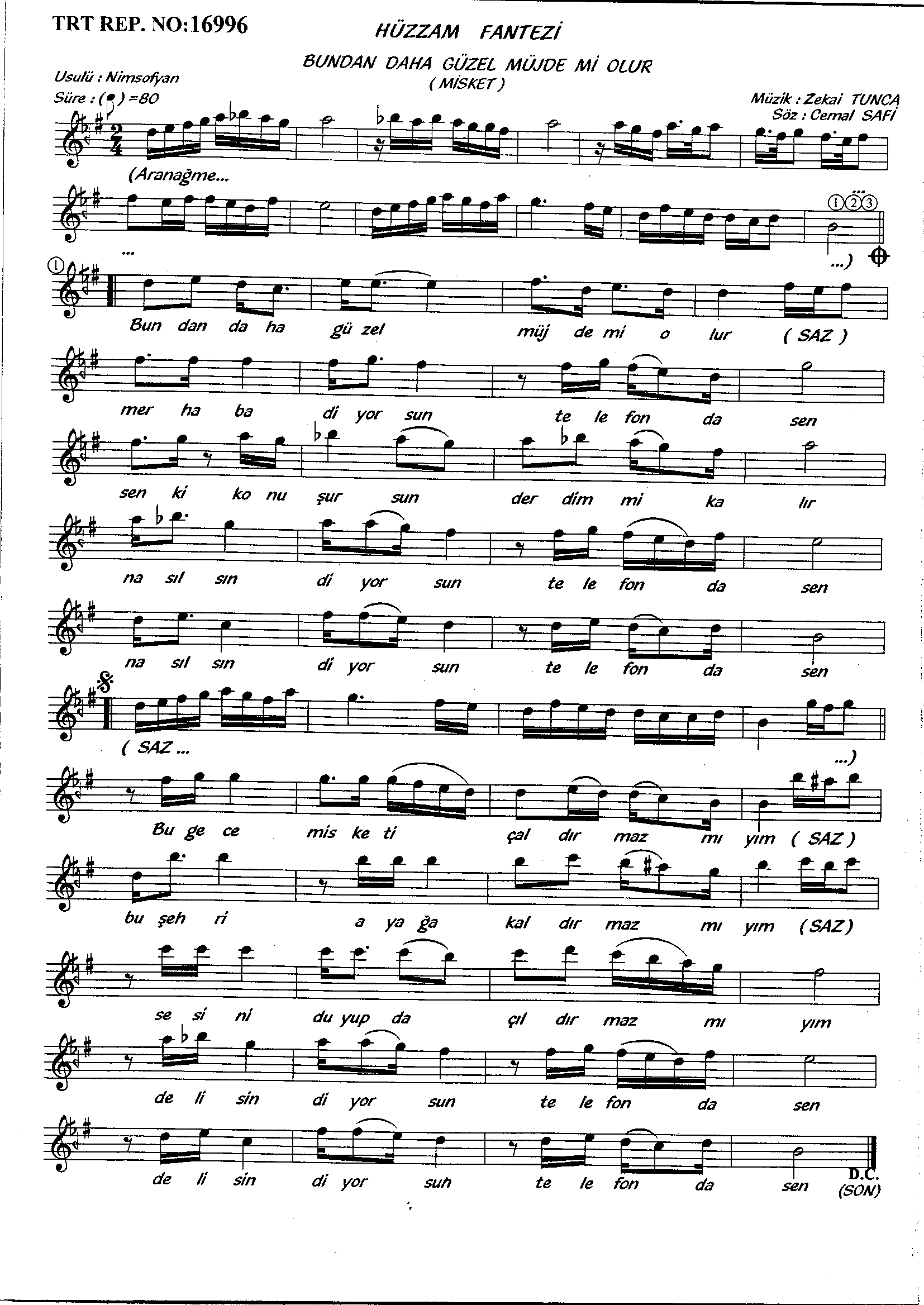 Hüzzâm - Şarkı - Zekâi Tunca - Sayfa 1