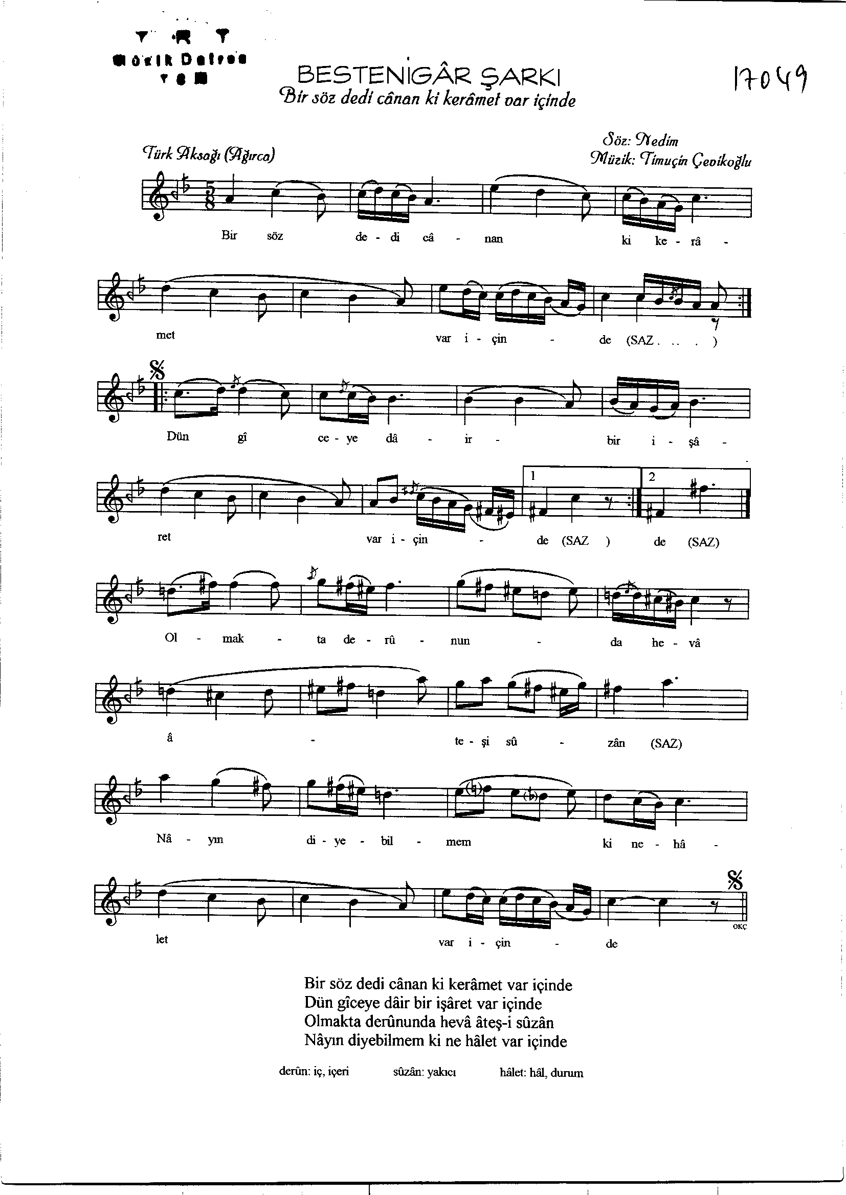 Bestenigâr - Şarkı - Timuçin Çevikoğlu - Sayfa 1